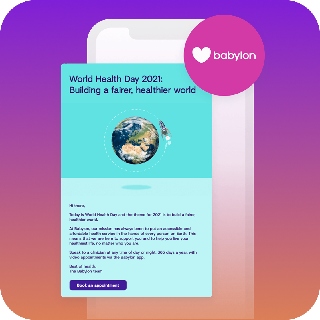 a phone screen displays a message for world health day 2021