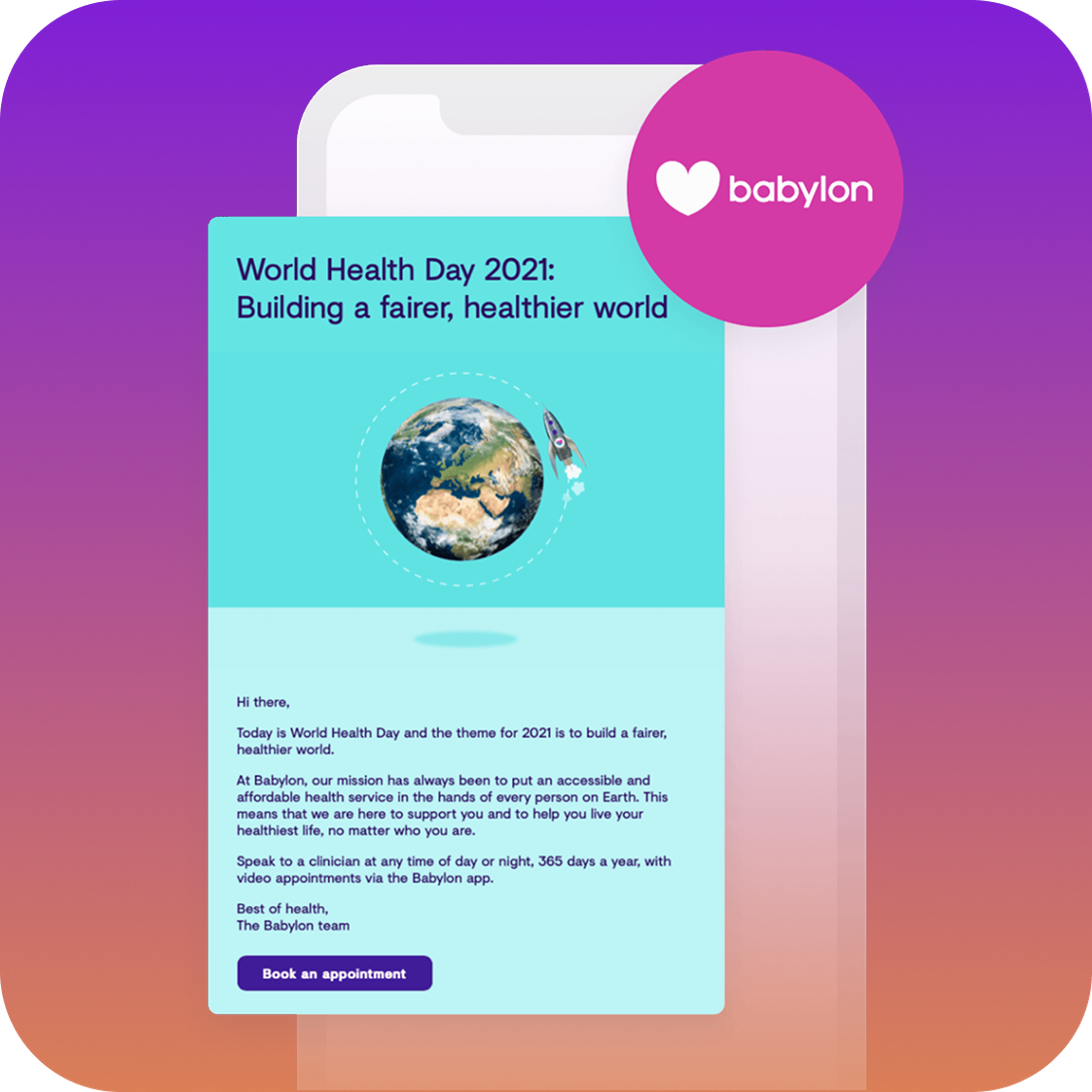 a phone screen displays a message for world health day 2021