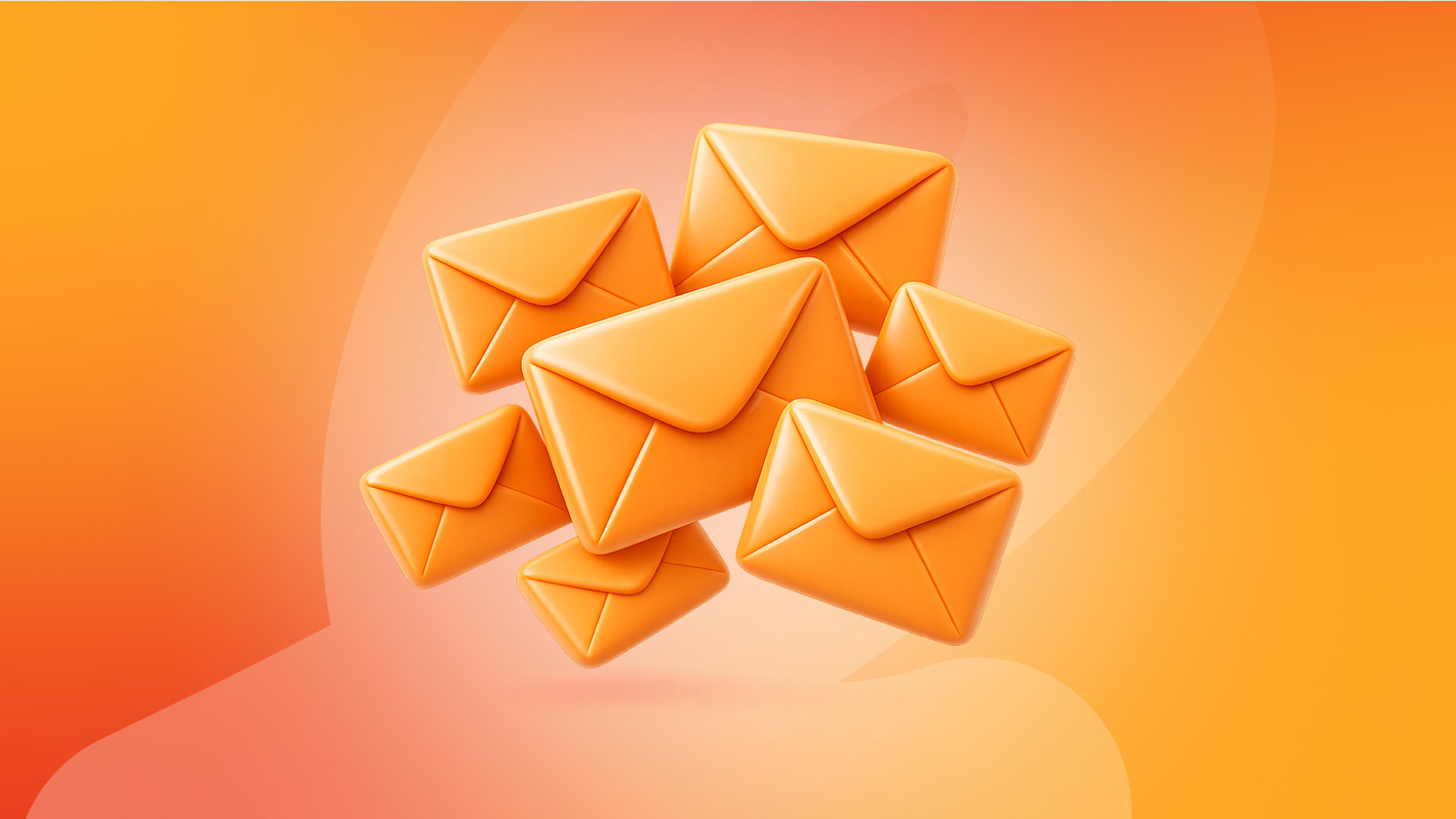 A group of 3D orange envelope icons floating on an orange gradient background.