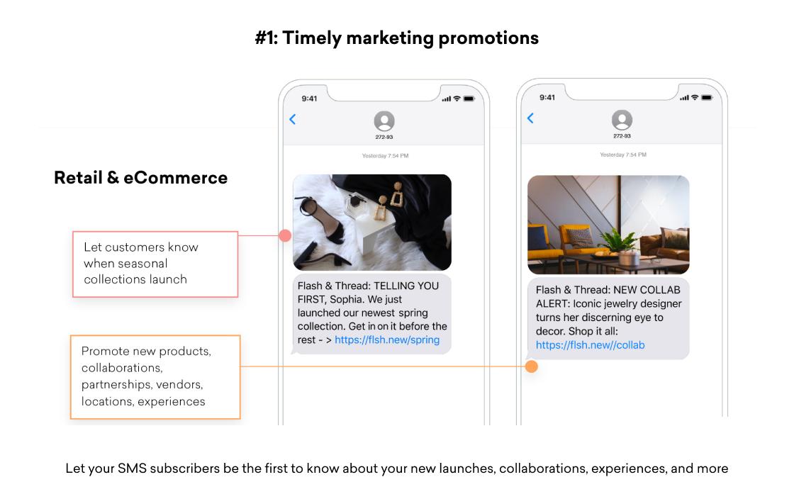 Graphic showing two smartphone text message examples for retail and eCommerce, illustrating timely SMS marketing promotions for seasonal launches, new products, and collaborations.