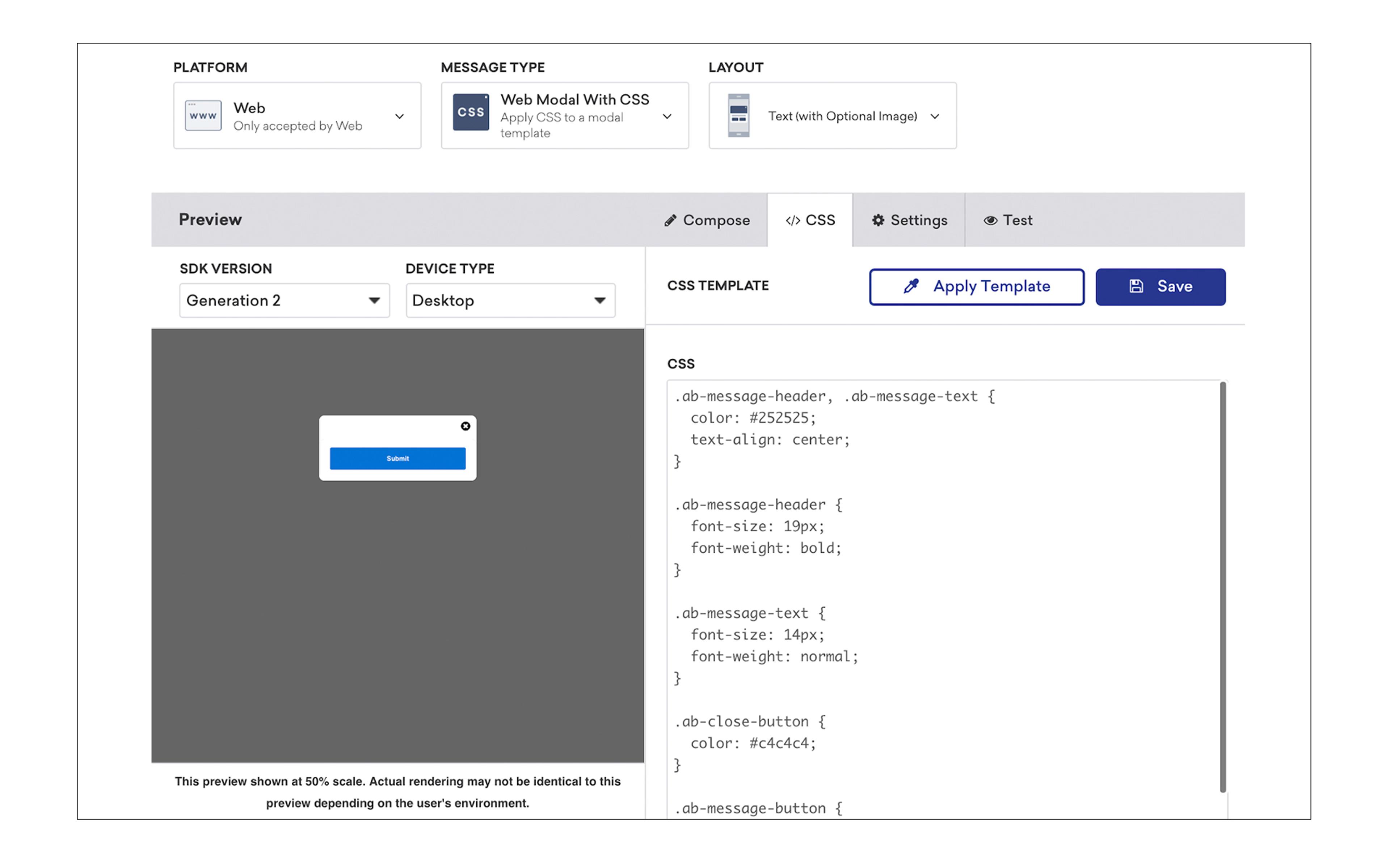 A web modal interface displayed on a desktop, showing a preview section and CSS code for styling. The modal includes a button labeled "Select.