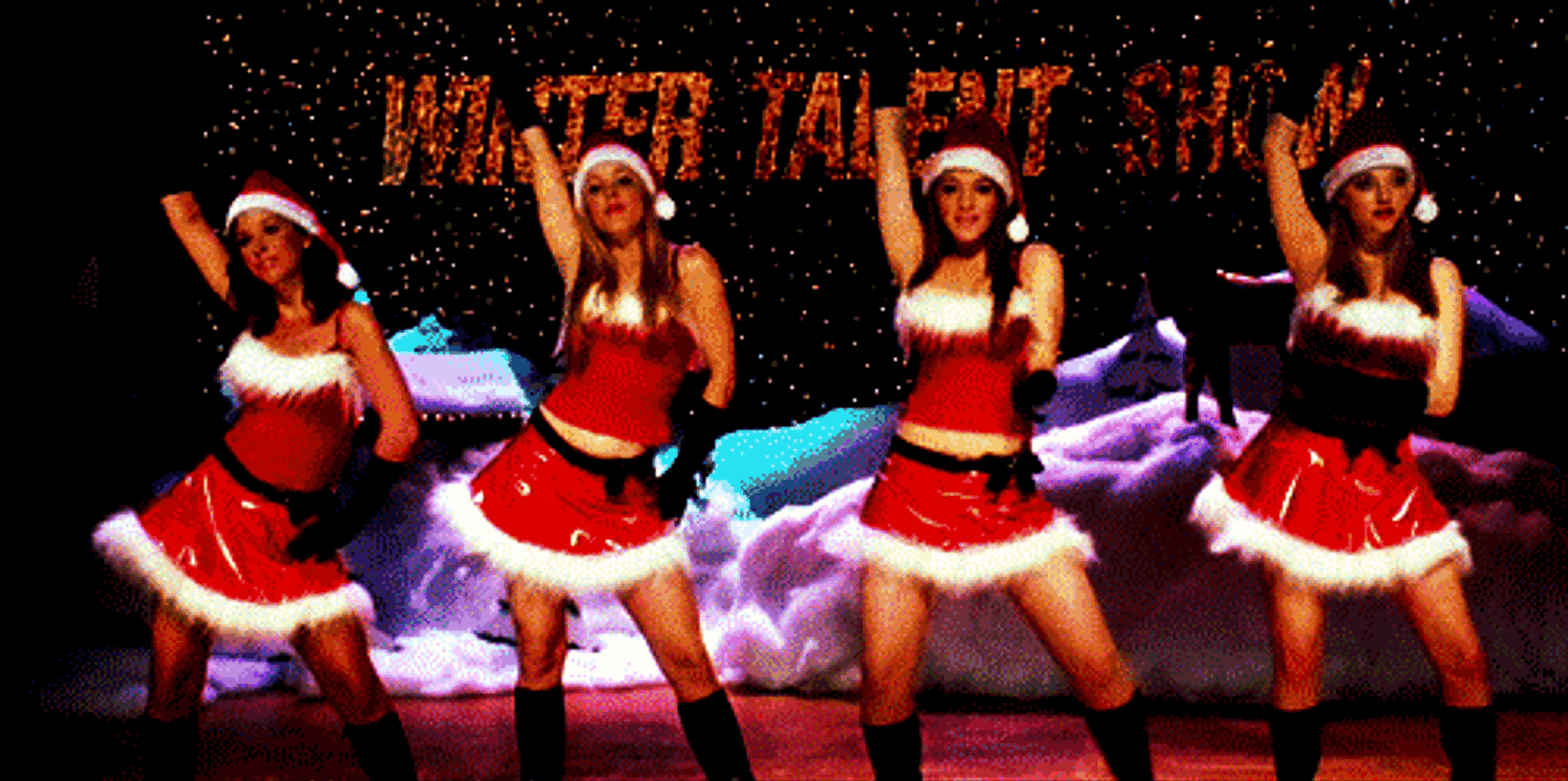 Four dancers in festive Santa costumes perform on stage, with a winter-themed backdrop and "Winter Talent Show" displayed above them.