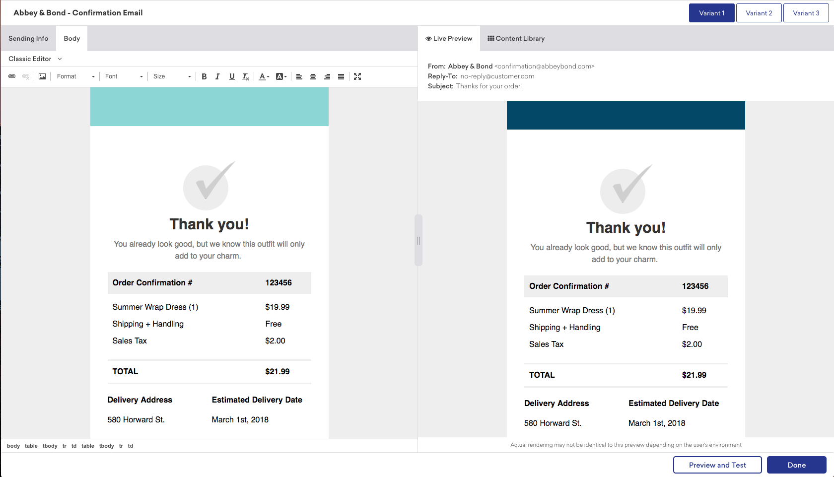 A split-screen view of a confirmation email showing order details for a Summer Wrap Dress, including pricing and shipping information. The email expresses gratitude and provides the estimated delivery date.
