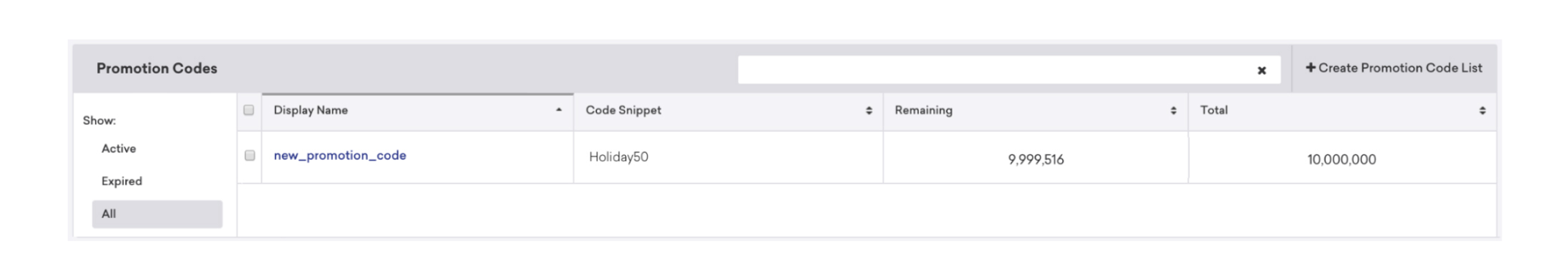 A table displaying promotion codes with columns for display name, code snippet, remaining uses, and total. One promotion code is listed with its details.