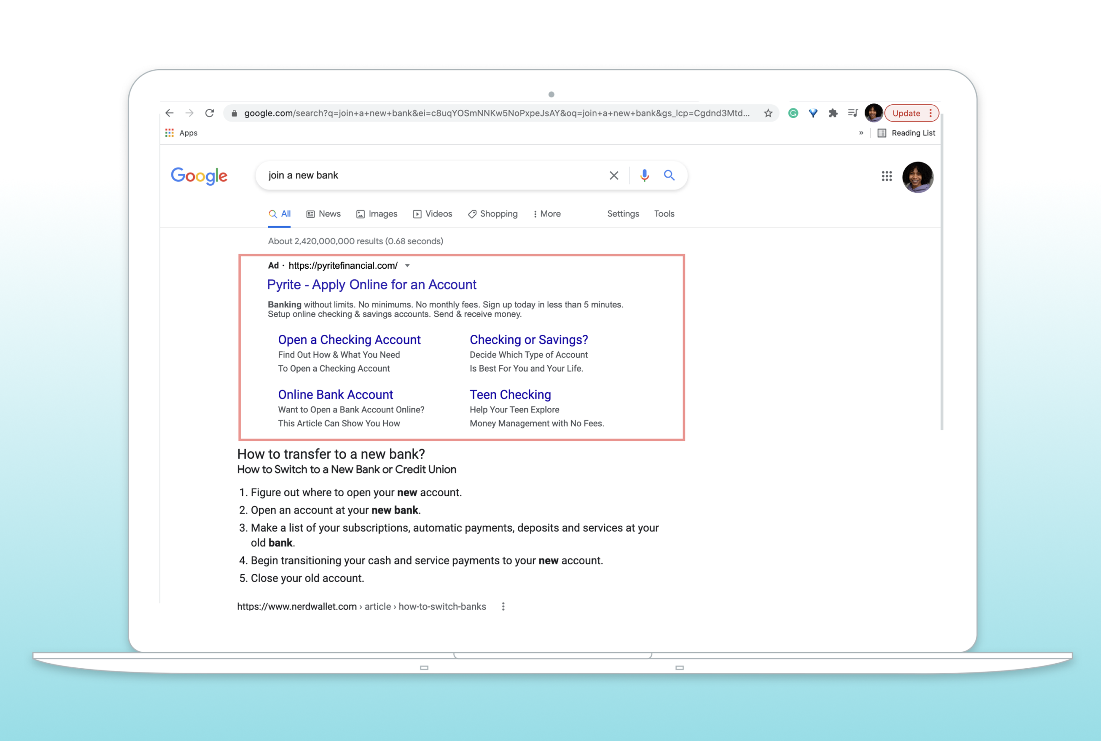 A laptop screen displaying a Google search results page for "how to transfer to a new bank," with highlighted links for various banking options.