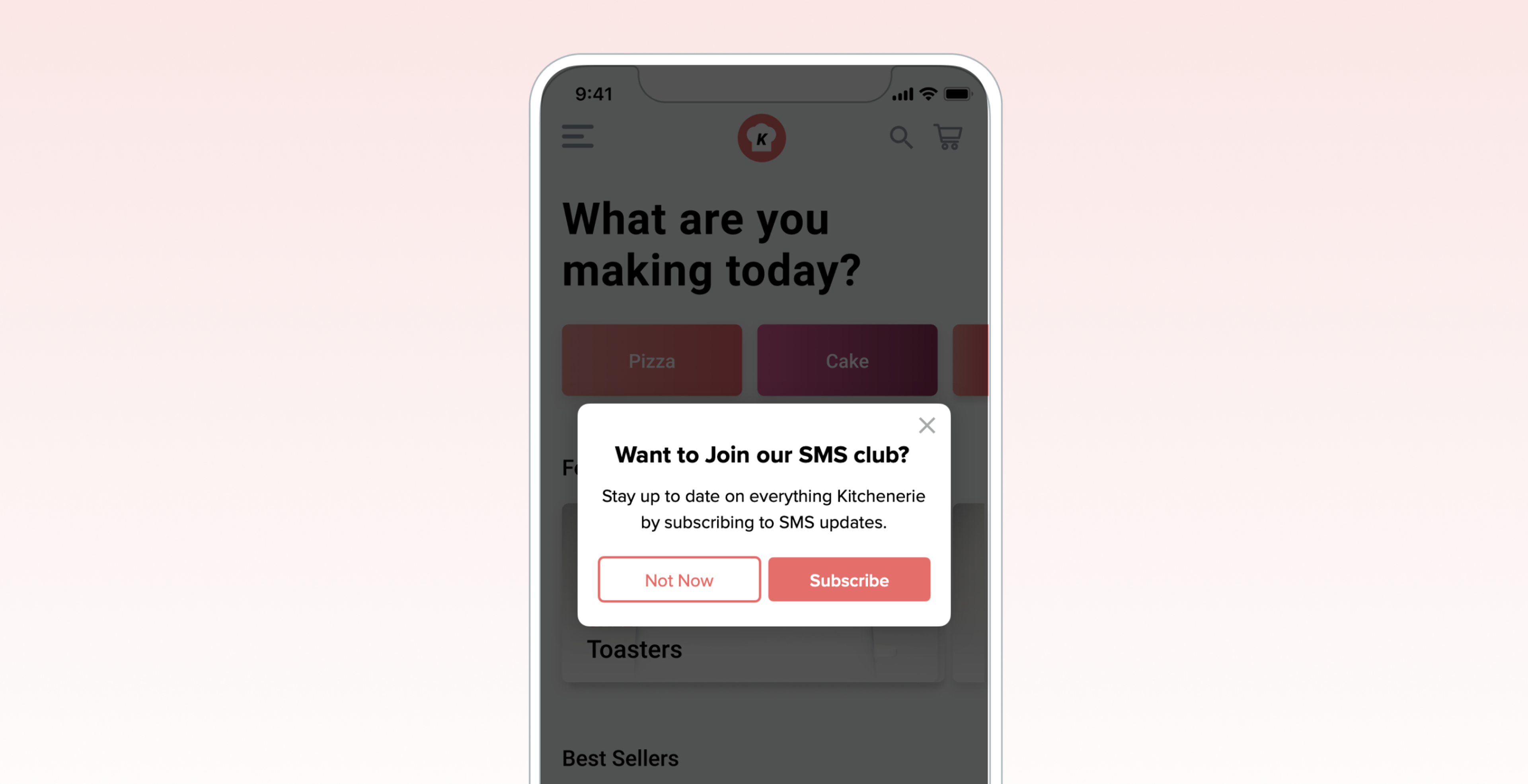 A smartphone screen displaying a cooking app with a prompt asking users if they want to join an SMS club for updates. Options to "Not Now" or "Subscribe" are visible.