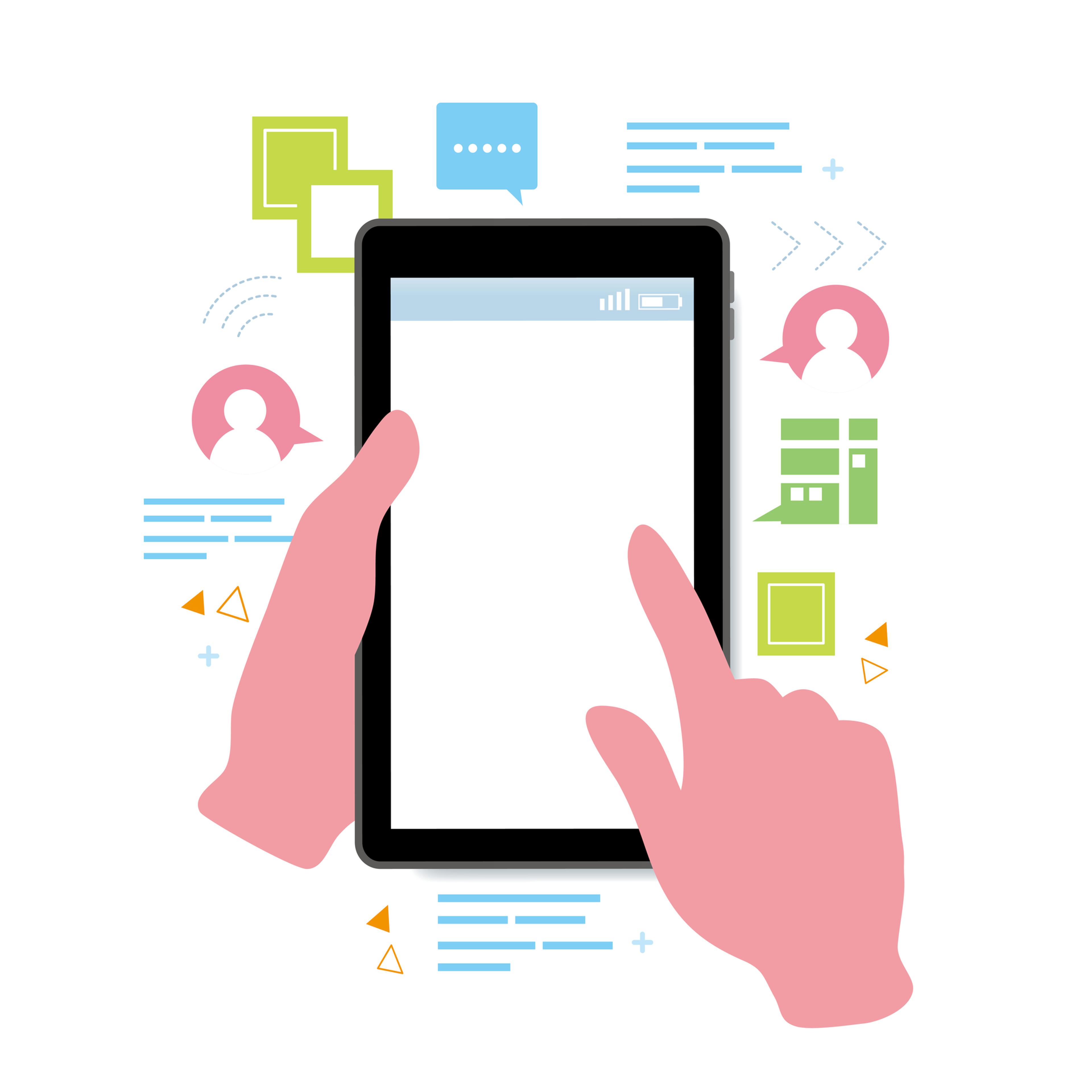 a hand is holding a tablet with a white screen and pointing at it .