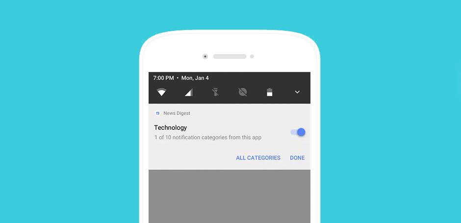 A smartphone screen displaying a notification for a "News Digest" under the "Technology" category, with options for notification settings. The background is a solid light blue.