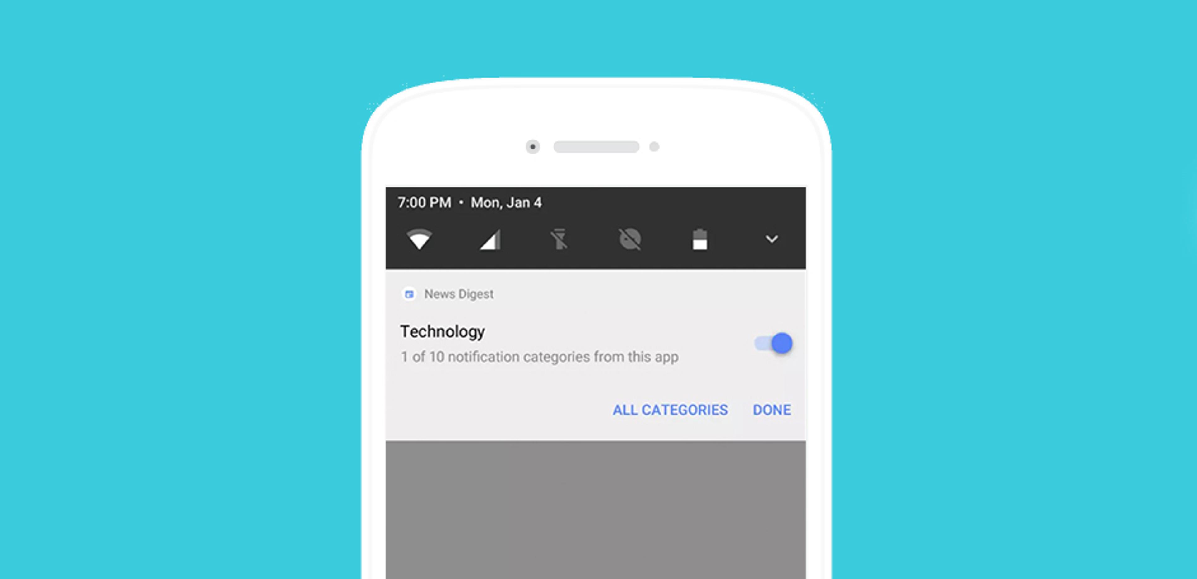 A smartphone screen displaying a notification for a "News Digest" under the "Technology" category, with options for notification settings. The background is a solid light blue.