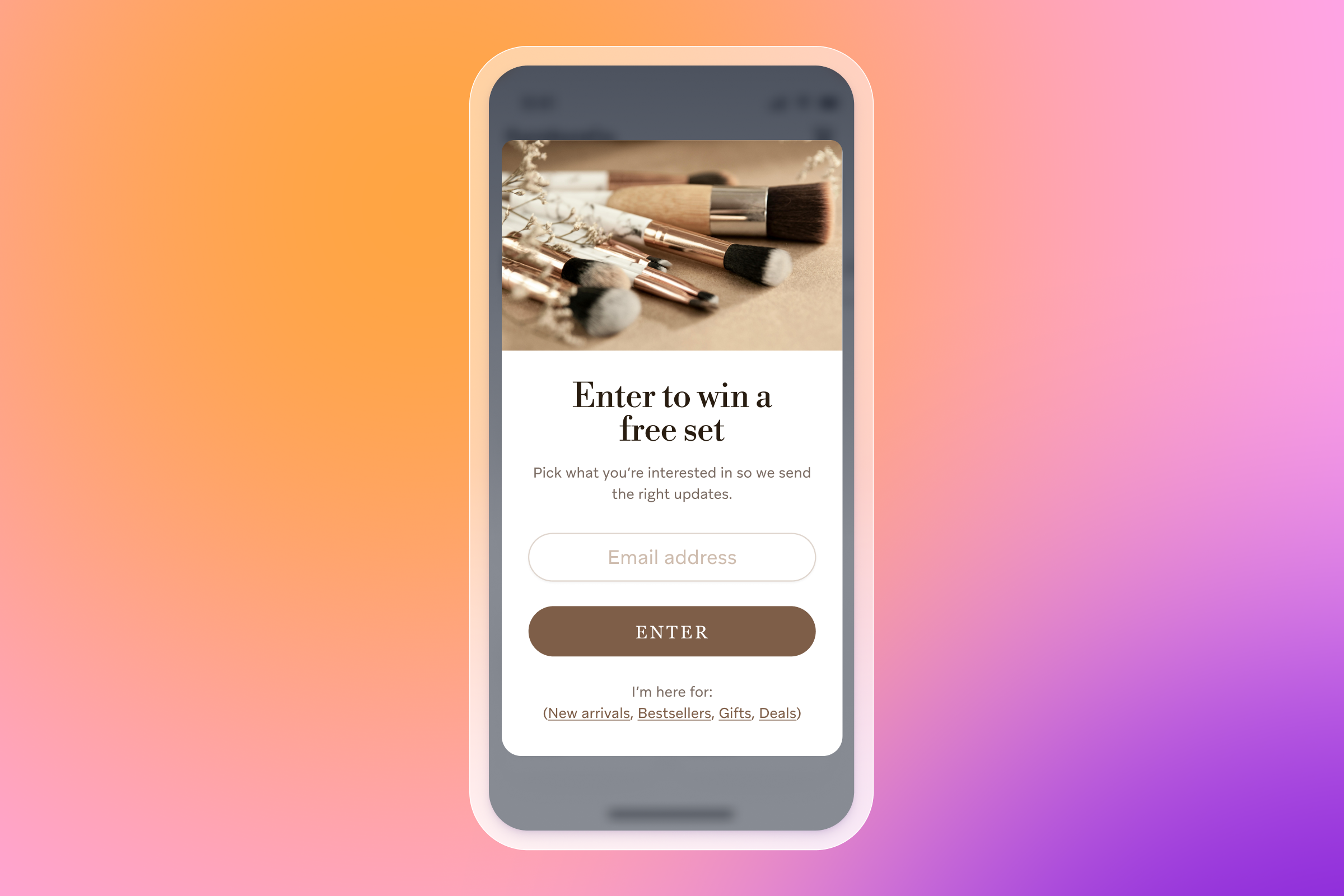 A smartphone showing a "win a free set" pop-up with an image of makeup brushes and an email entry form.