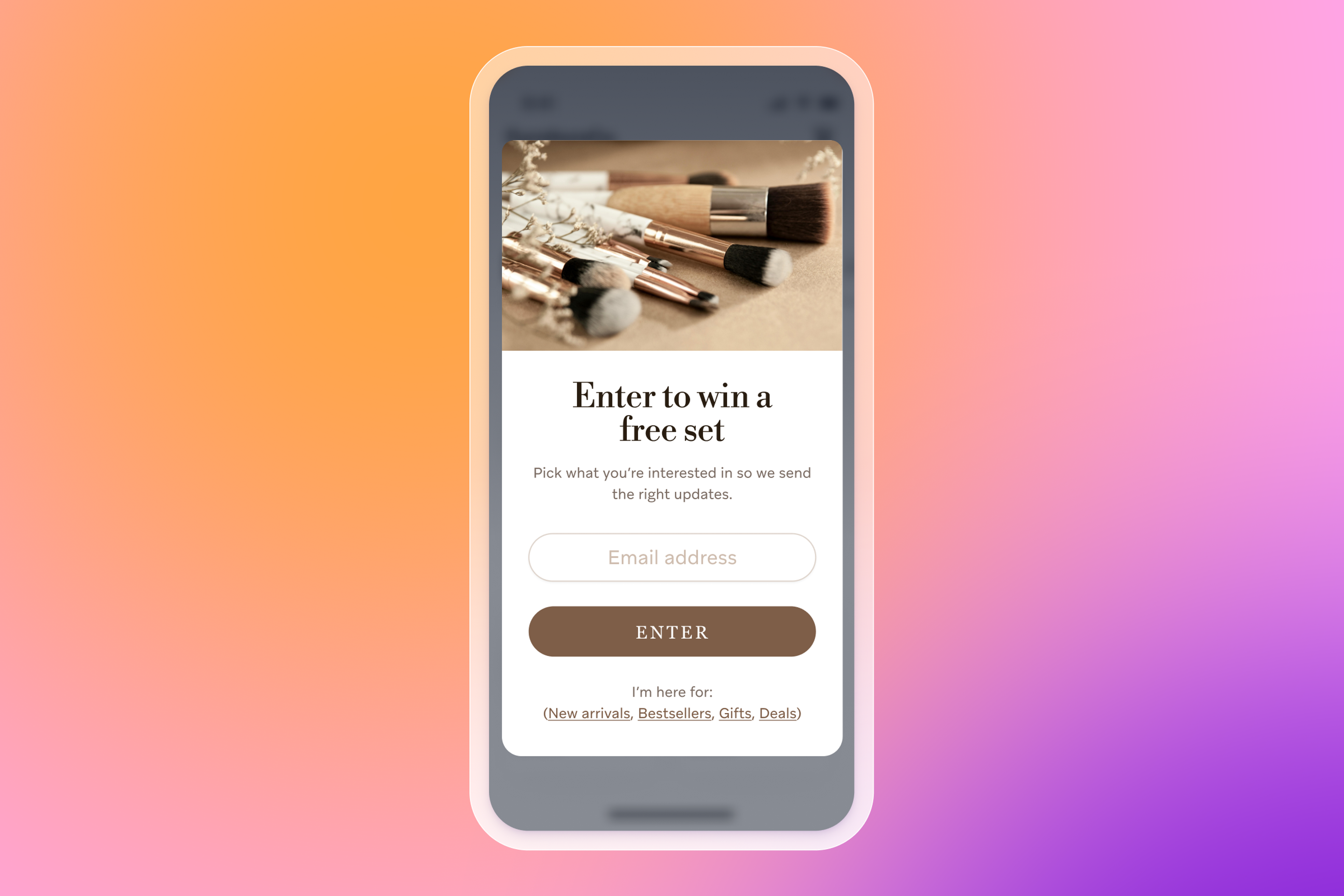 A smartphone showing a "win a free set" pop-up with an image of makeup brushes and an email entry form.