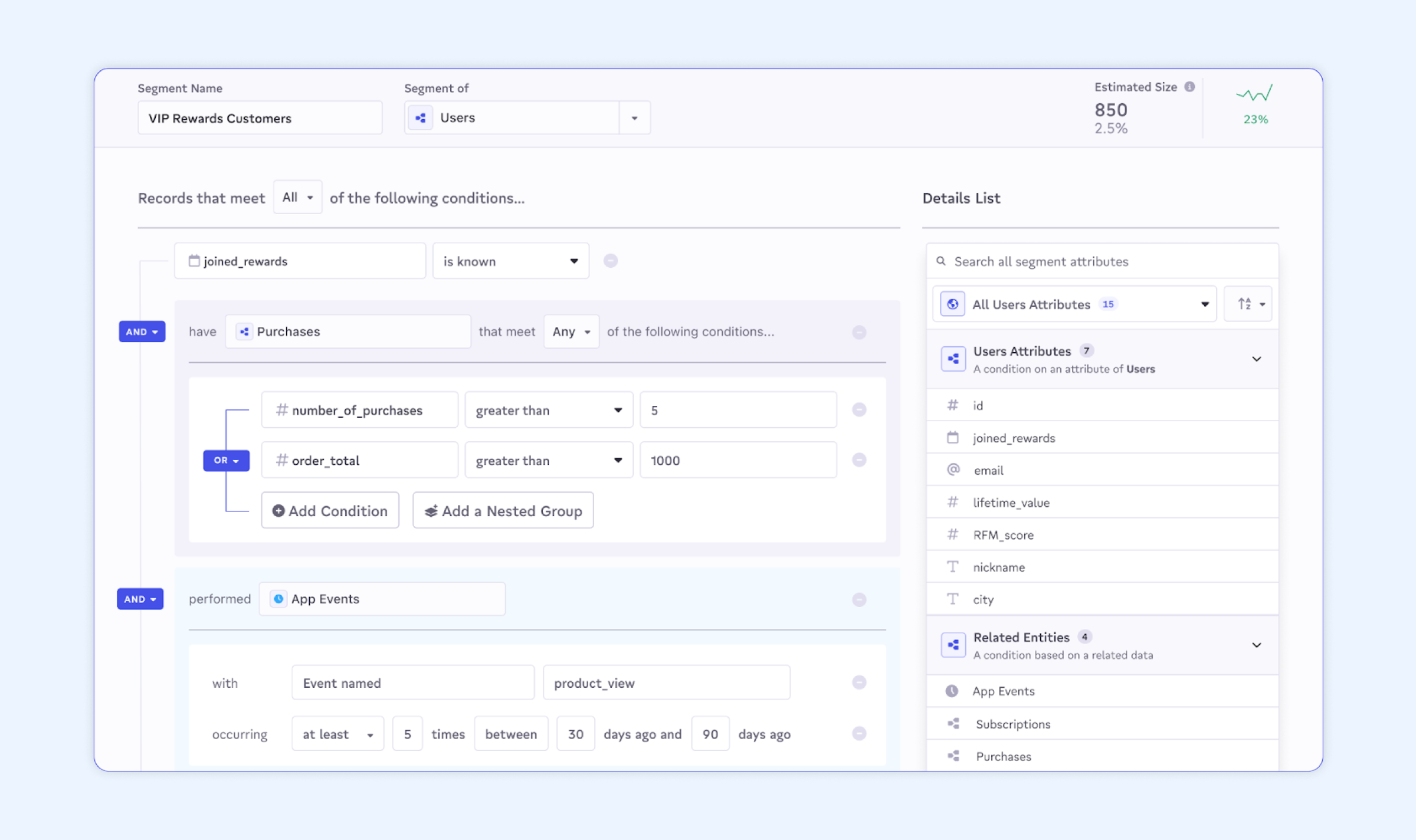 A user interface displaying a data filtering tool with options for segmenting records based on various conditions, including purchases and event attributes. The layout includes fields for adding conditions and a details list on the right.