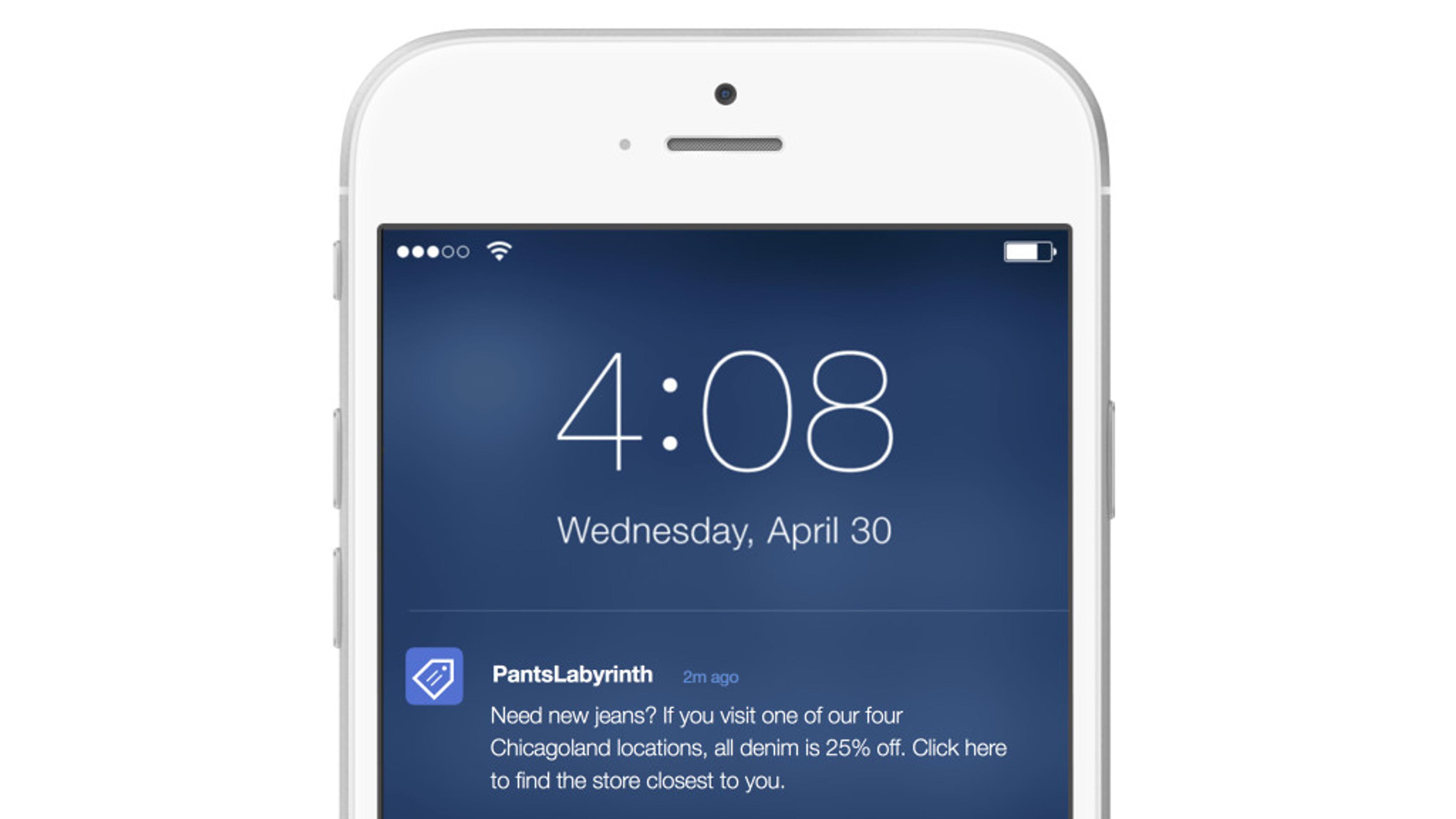 A smartphone screen displaying a notification from "PantsLabyrinth" about a 25% discount on denim at nearby locations, with the time showing 4:08 PM on Wednesday, April 30.