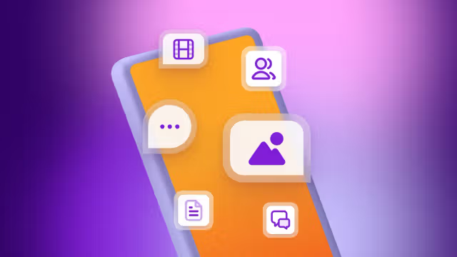 Ilustración de un teléfono móvil con iconos flotantes de aplicaciones de mensajería, contactos, imágenes y documentos sobre un fondo degradado morado y rosa.