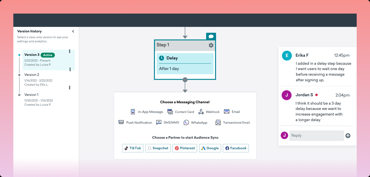 a screenshot of a messaging channel with a delay after 1 day