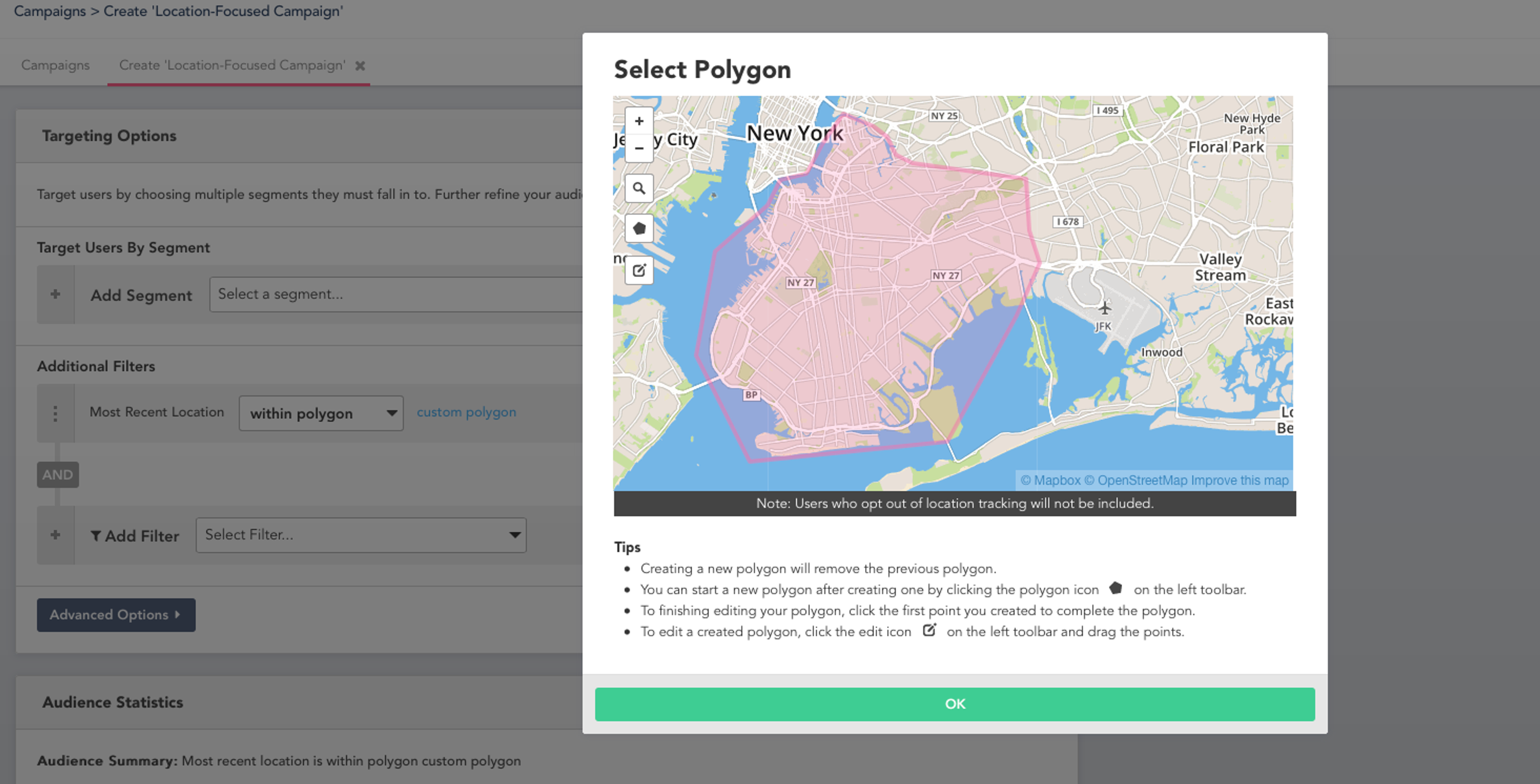 A map interface showing a polygon selection tool for targeting locations in New York City. Tips for creating a new polygon are displayed on the side.