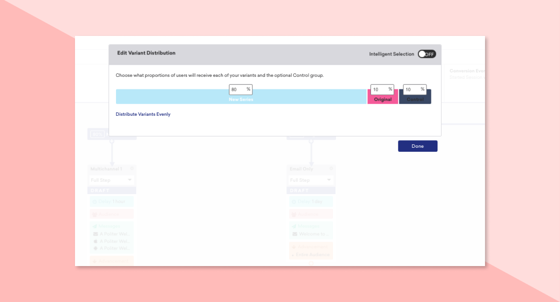 A user interface displaying options to edit variant distribution for a test, with sliders for adjusting the proportions of new and original variants. The background is a soft pink color.
