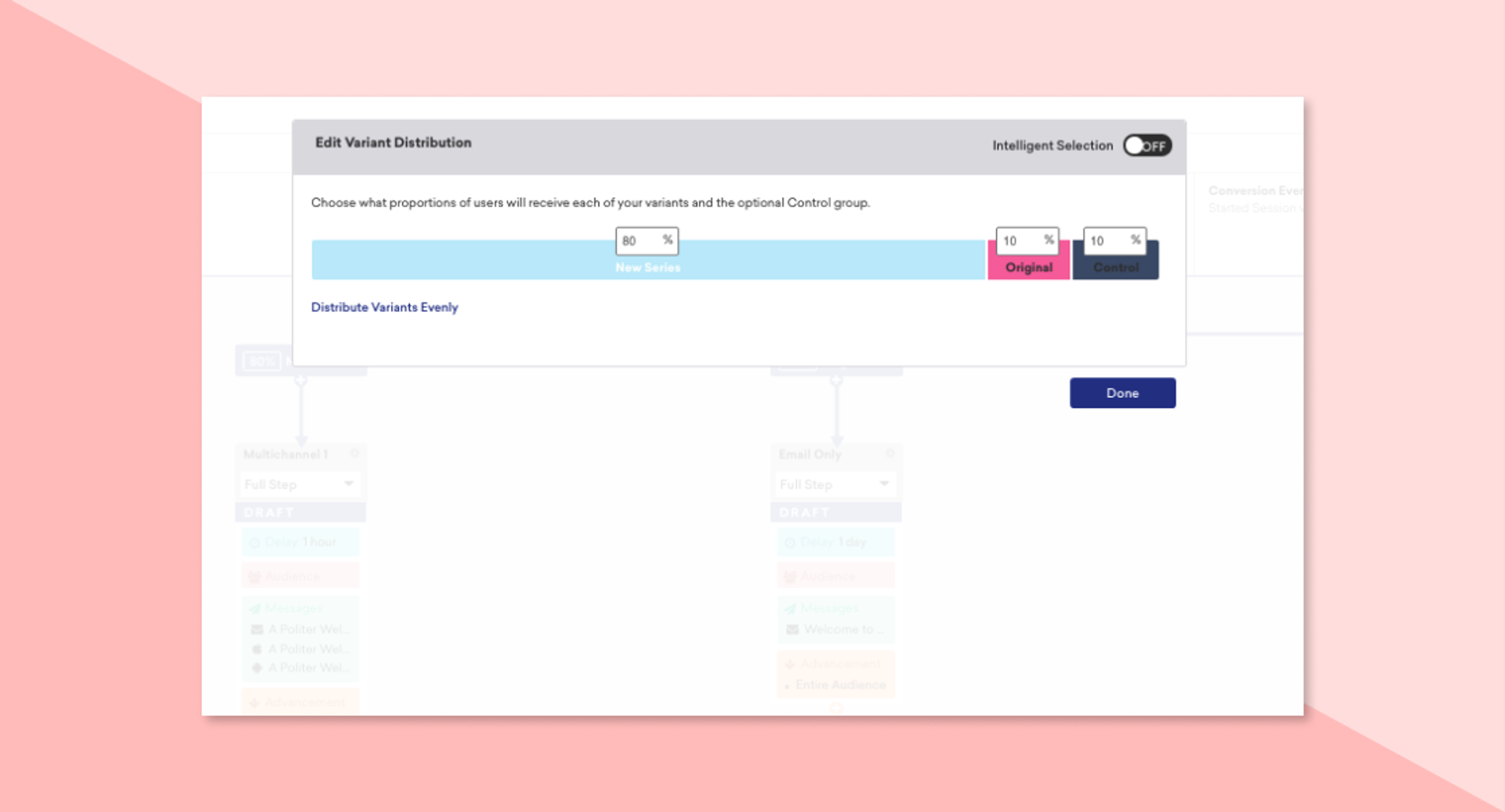 A user interface displaying options to edit variant distribution for a test, with sliders for adjusting the proportions of new and original variants. The background is a soft pink color.