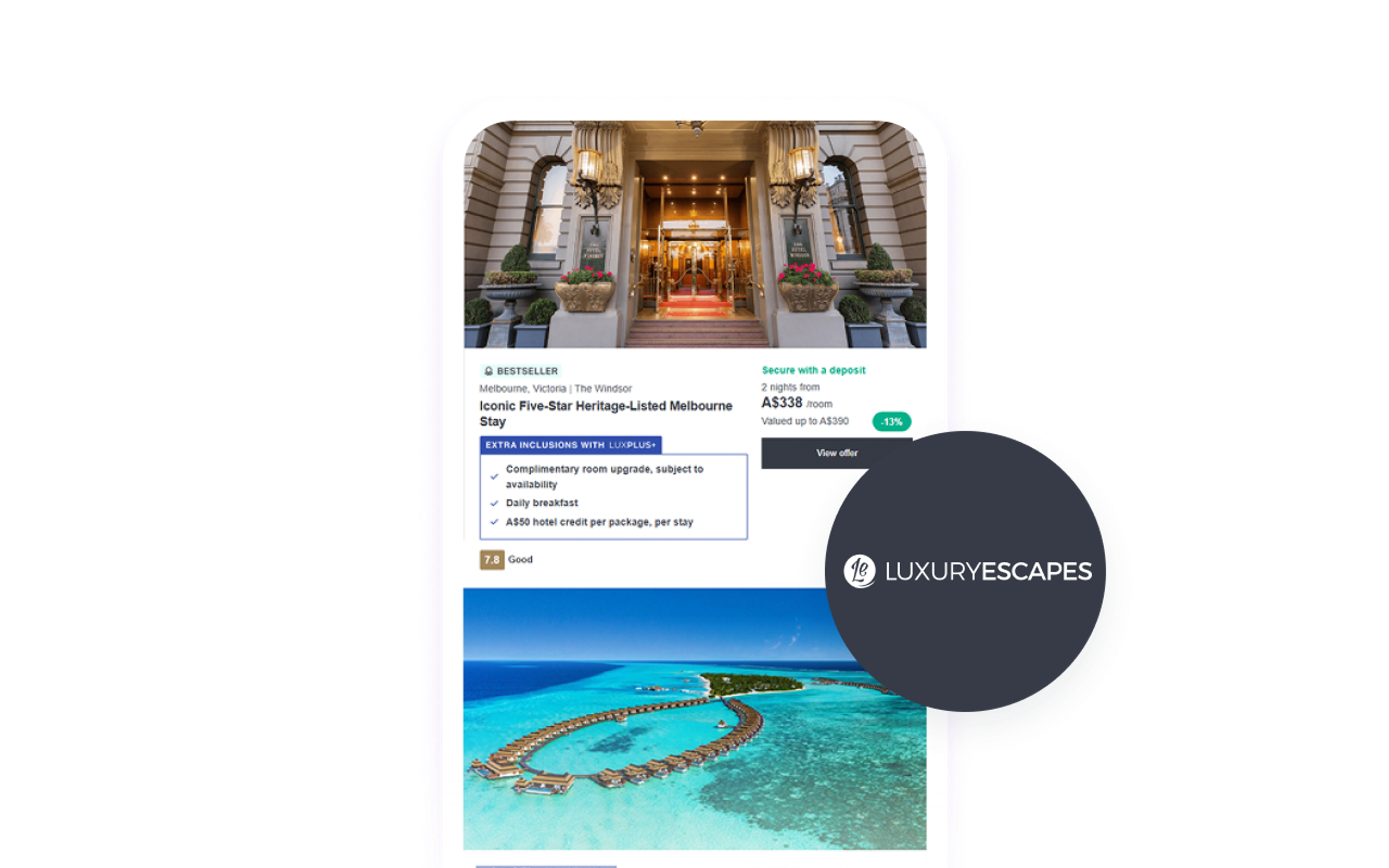 熱帯のビーチの写真や旅行プランが掲載された「Luxury Escapes」のウェブサイトを表示しているスマートフォン。
