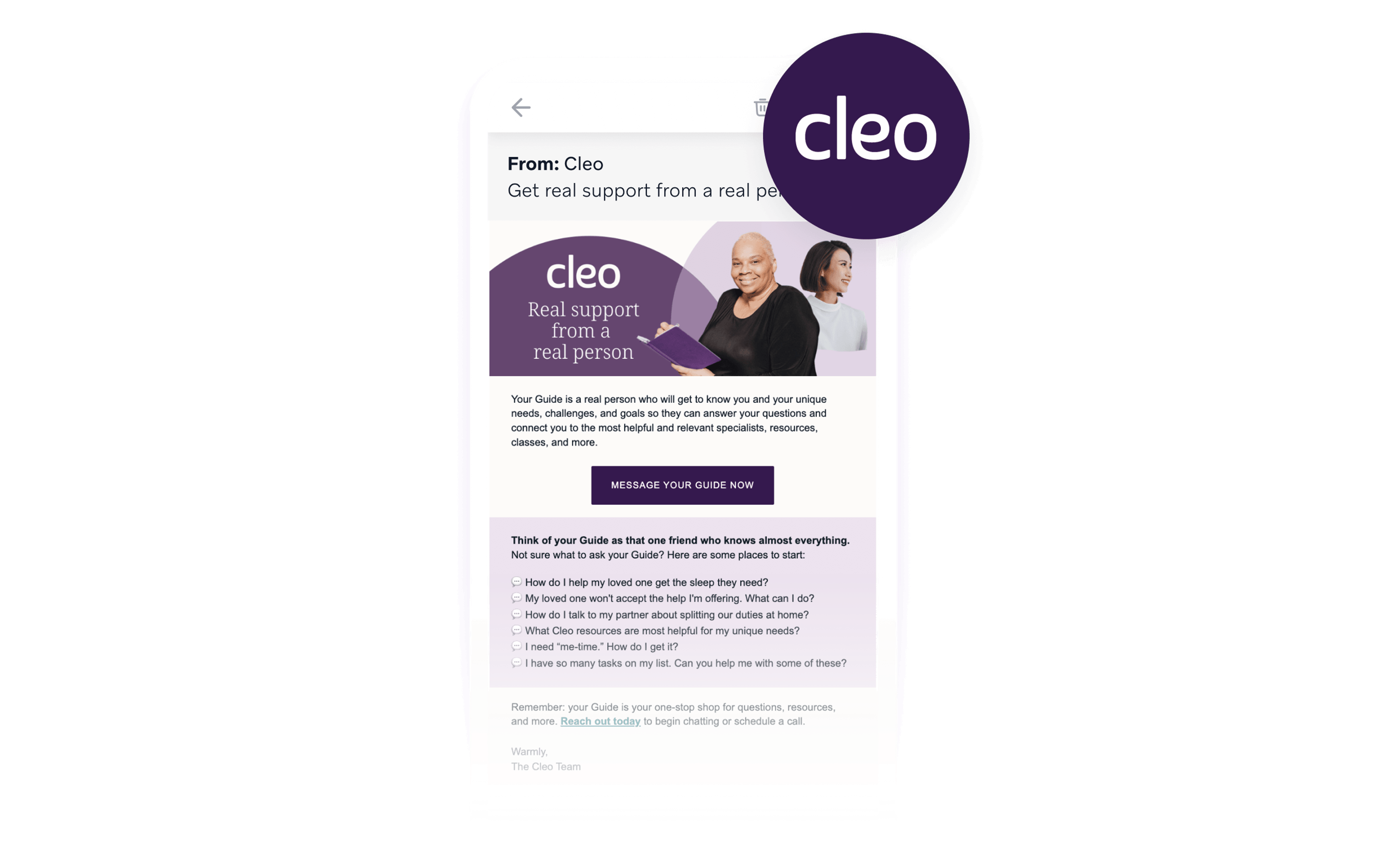 A mobile phone displays an email from Cleo titled 'Get real support from a real person,' featuring a woman with a book, partially obscured by a circular Cleo logo.
