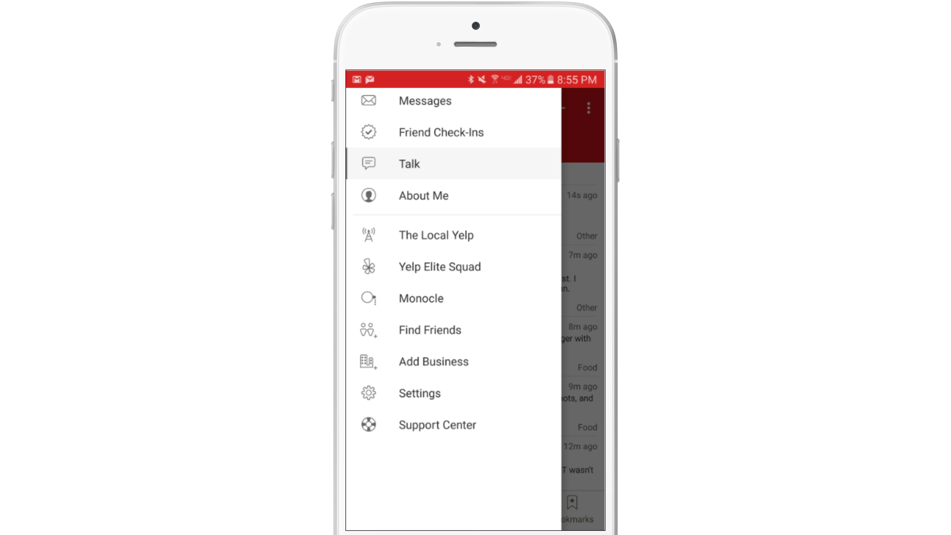 A smartphone displaying a menu with options like Messages, Friend Check-Ins, Talk, About Me, and Settings. The interface features a red and white color scheme.