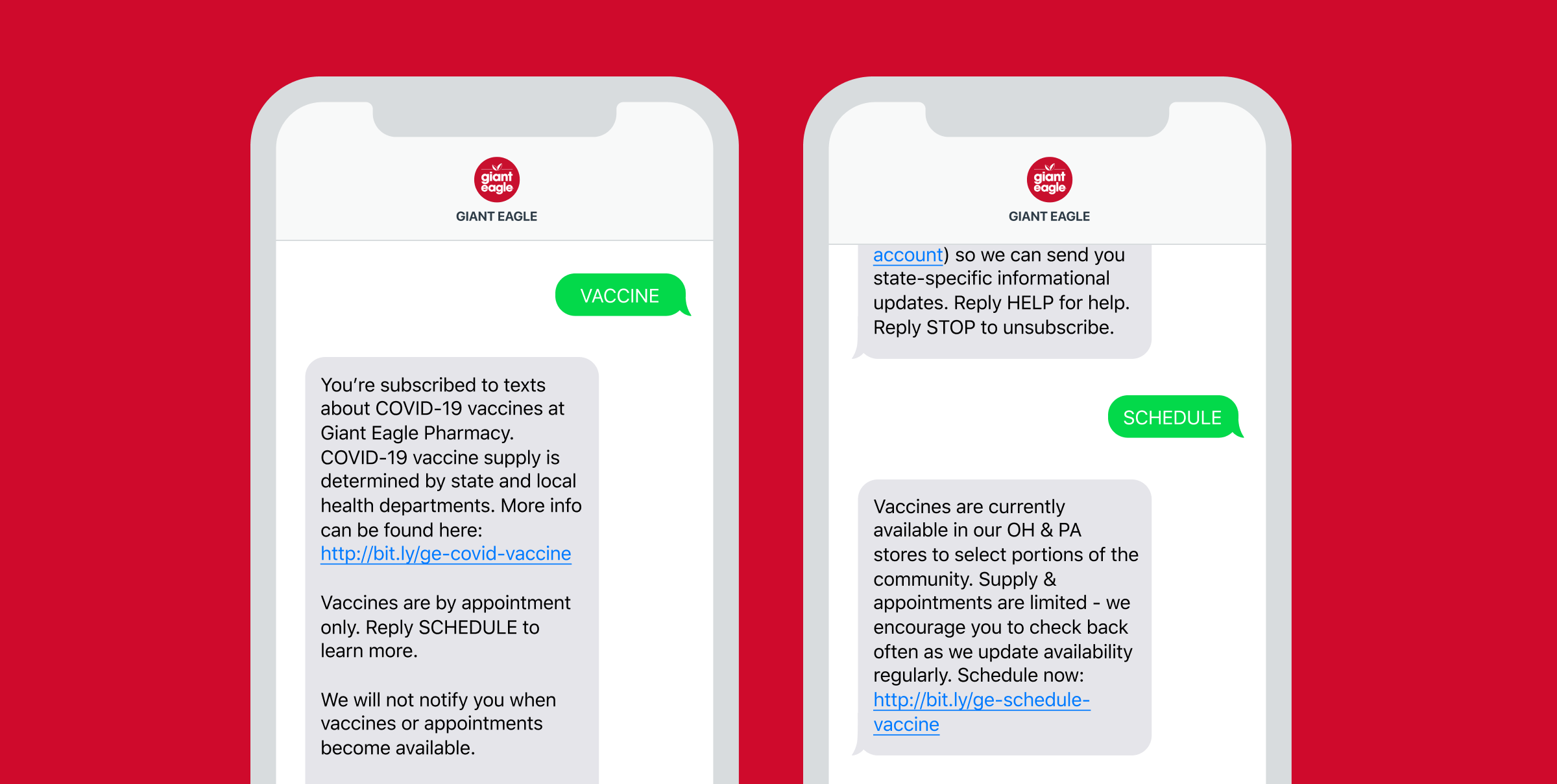 Two smartphone screens show Giant Eagle pharmacy text messages about COVID-19 vaccine availability and scheduling, with green message bubbles labeled “VACCINE” and “SCHEDULE.”