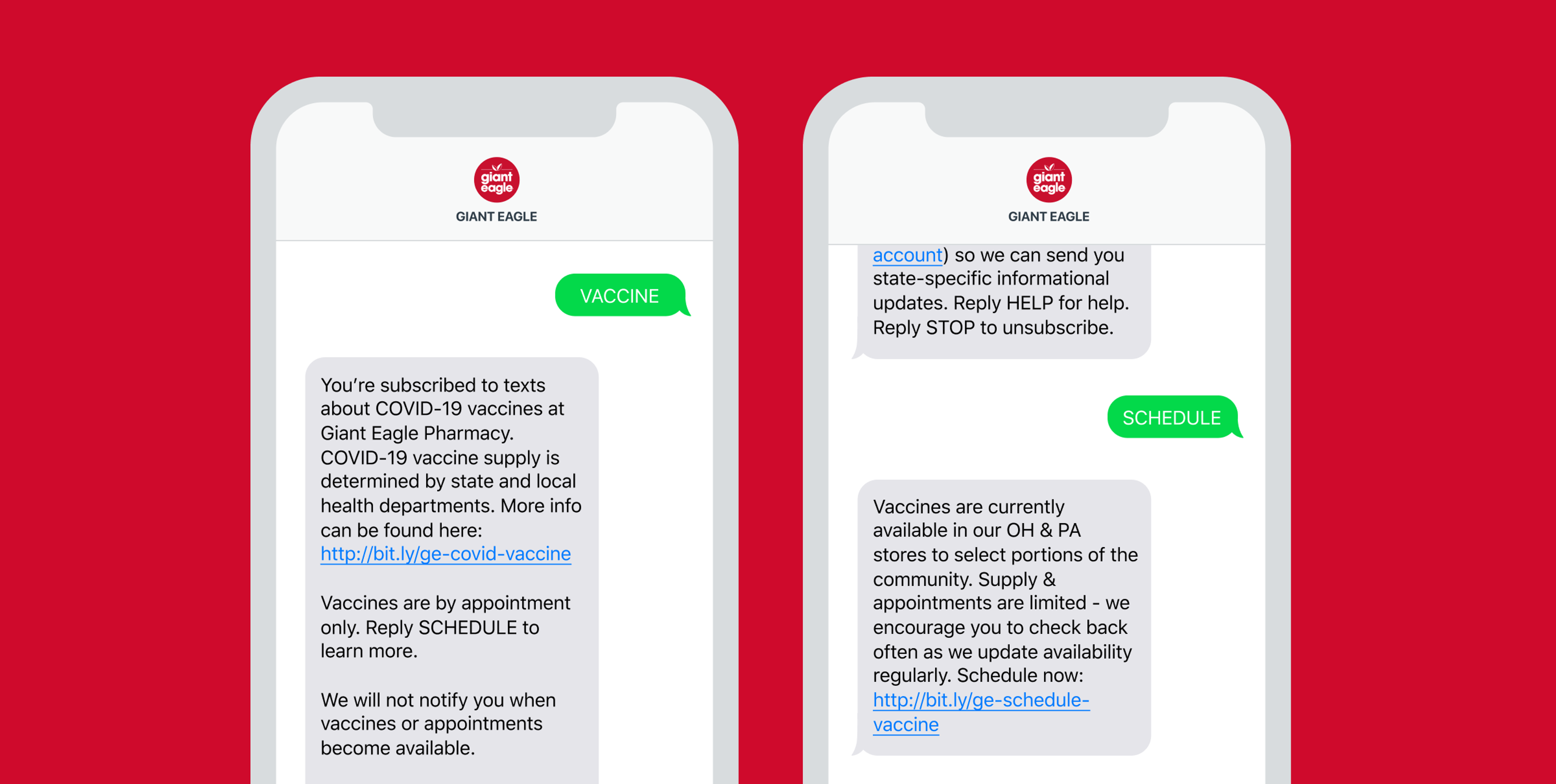 Two smartphone screens show Giant Eagle pharmacy text messages about COVID-19 vaccine availability and scheduling, with green message bubbles labeled “VACCINE” and “SCHEDULE.”