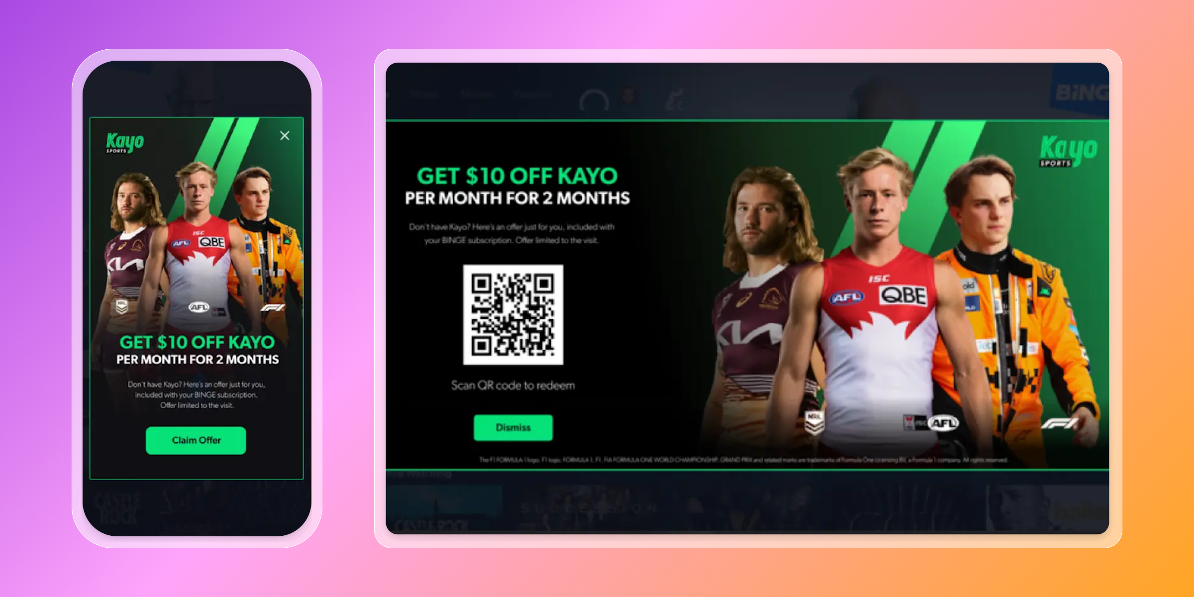 Kayo Sports advertisement offering $10 off per month for 2 months, displayed on mobile and desktop screens with three male athletes.