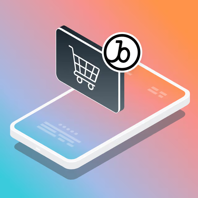 Ilustração de um smartphone com ícone de carrinho de compras e logotipo circular, representando compras online.