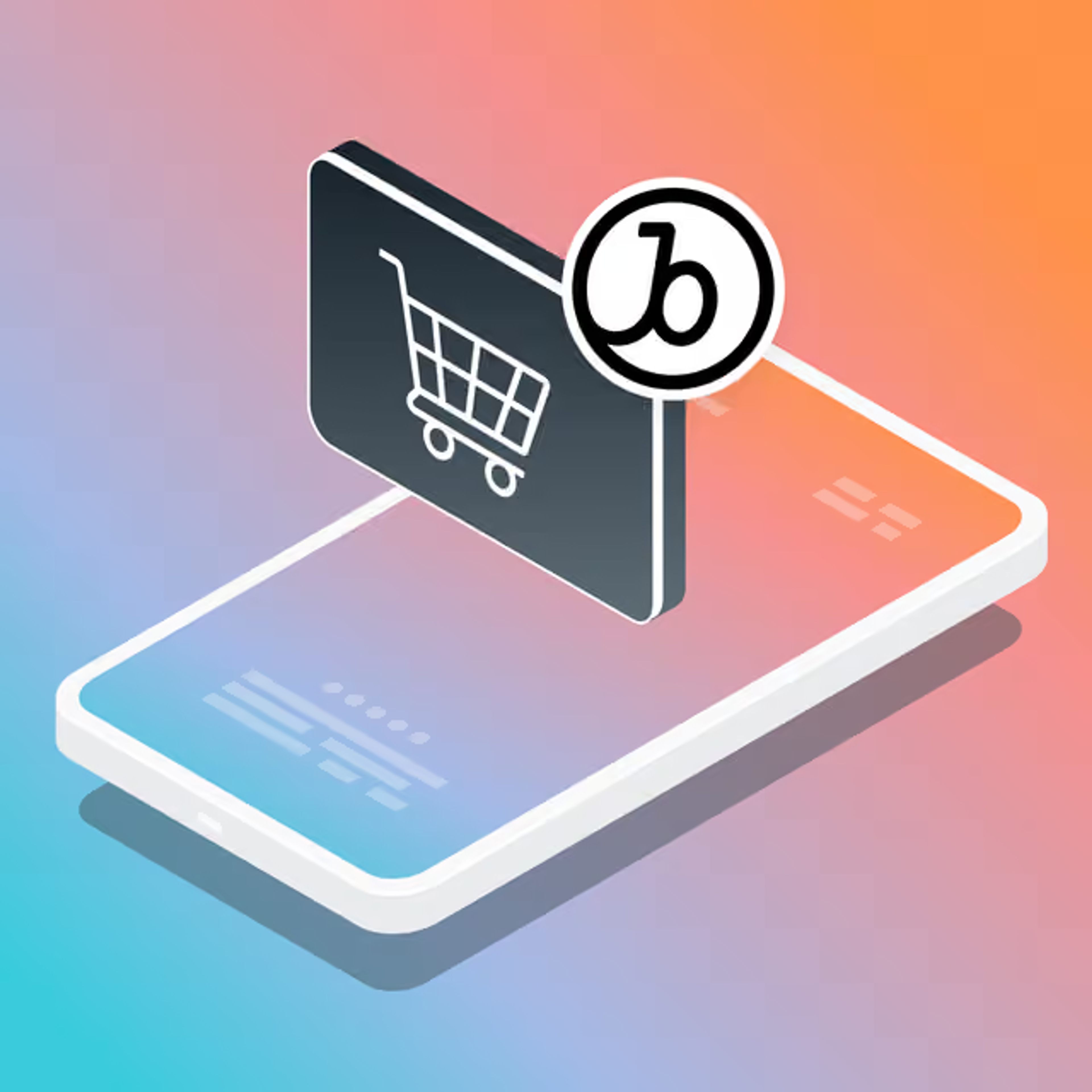 Ilustração de um smartphone com ícone de carrinho de compras e logotipo circular, representando compras online.