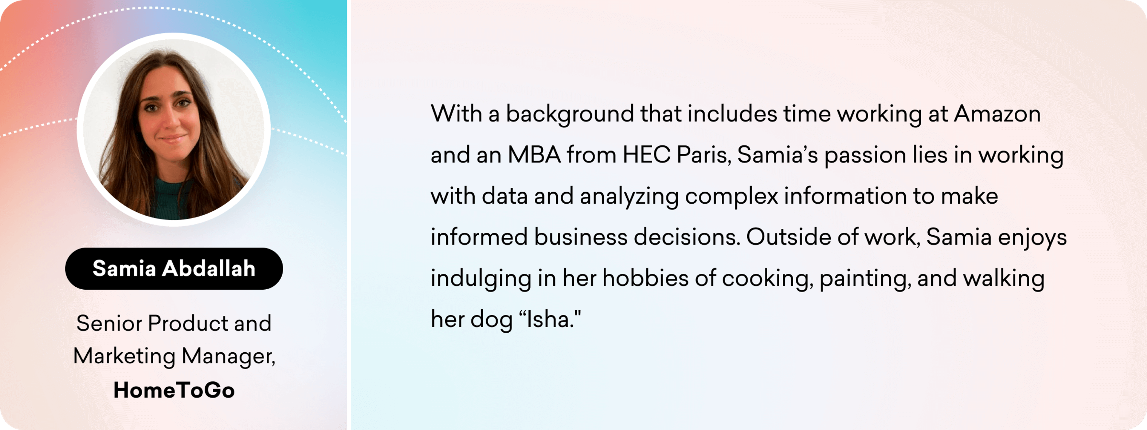 A professional headshot of Samia Abdallah, Senior Product and Marketing Manager at HomeToGo. The background features a gradient design, and text highlights her experience and hobbies.