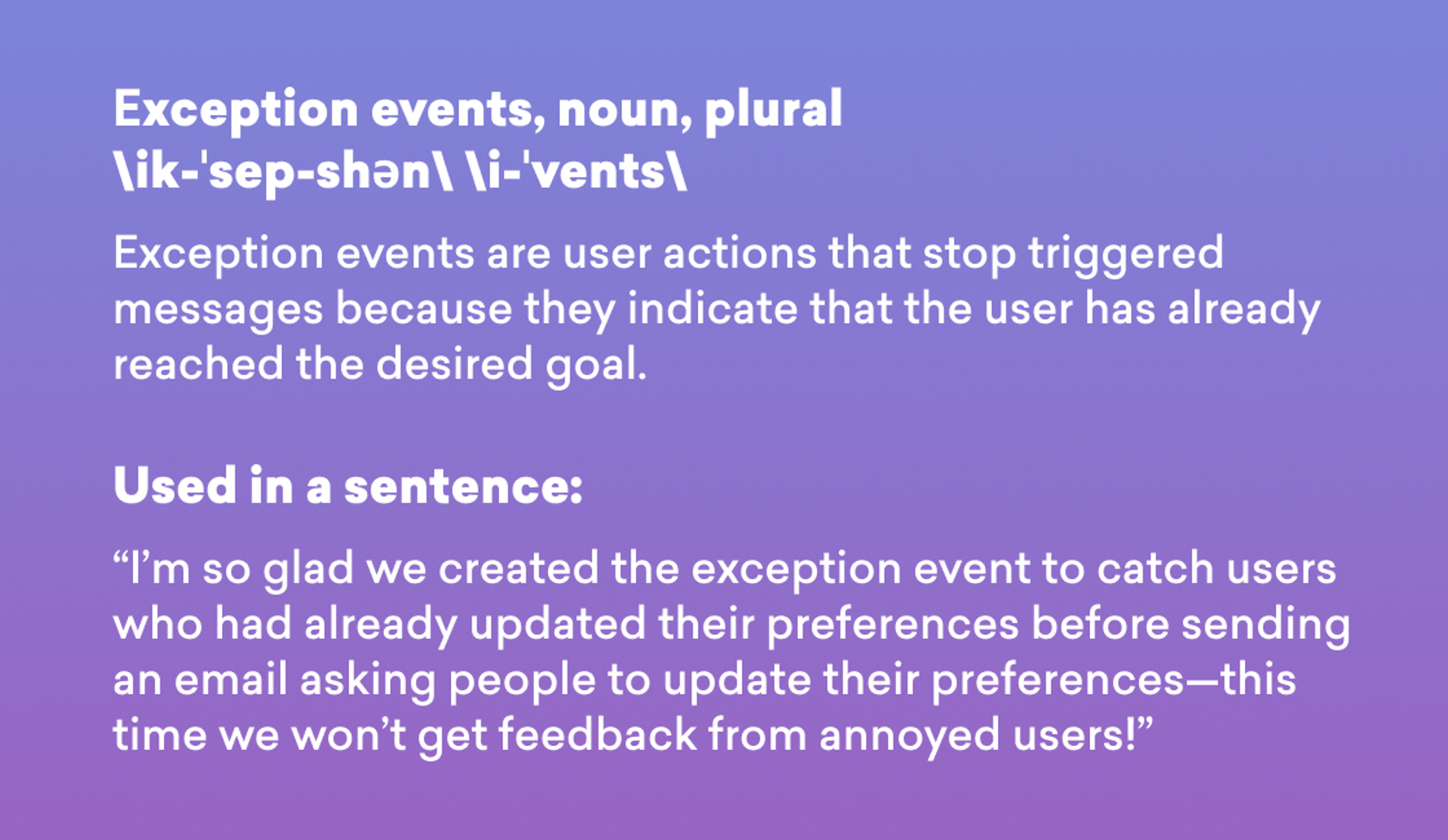 Definition of "exception events" with an example sentence, presented on a gradient background.