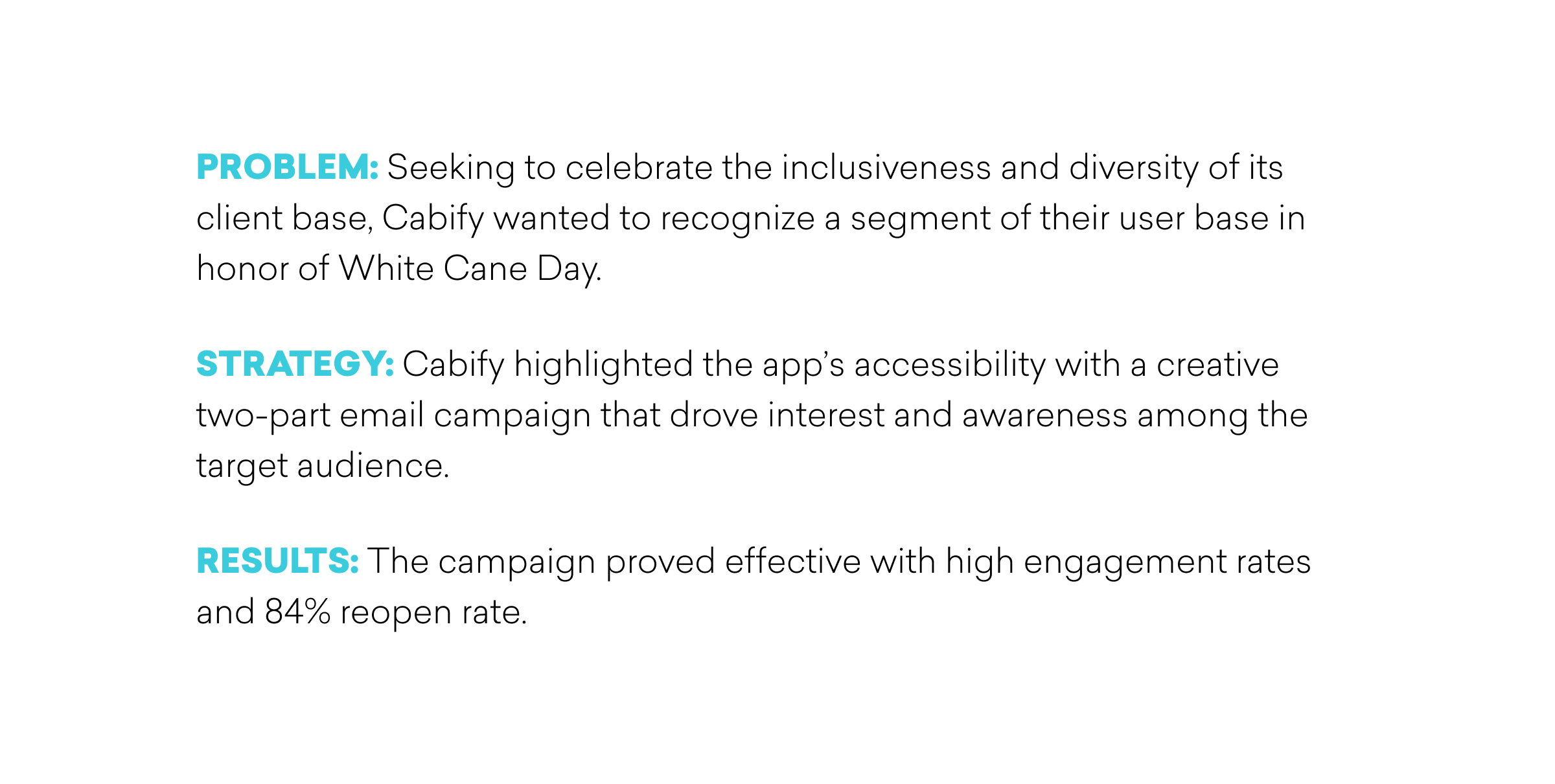 Text describing a marketing campaign by Cabify that celebrates inclusiveness and diversity, highlighting its accessibility and successful engagement results.