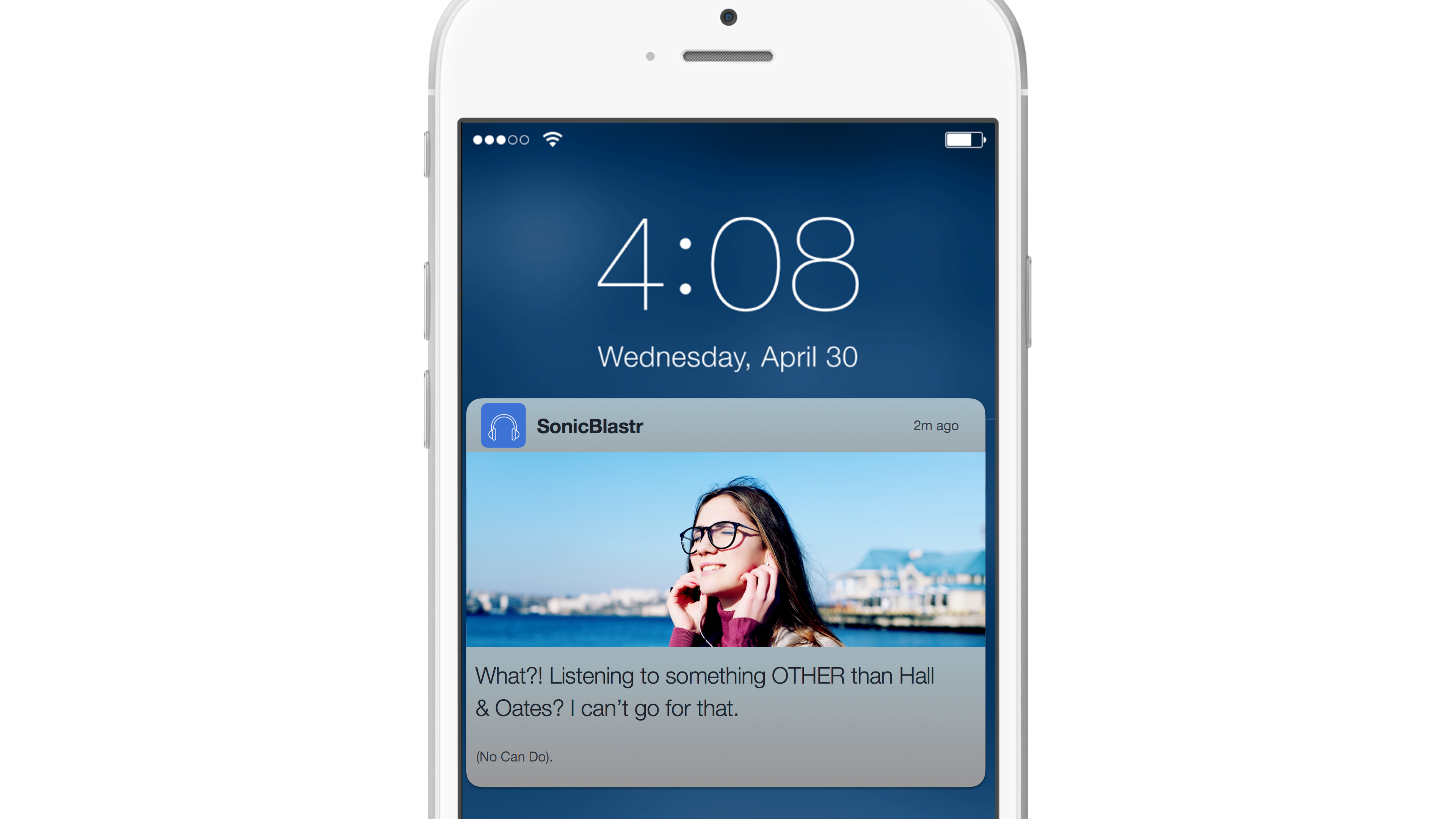 A smartphone displaying a notification from SonicBlastr with a photo of a woman wearing glasses and smiling. The time is 4:08 PM on Wednesday, April 30.