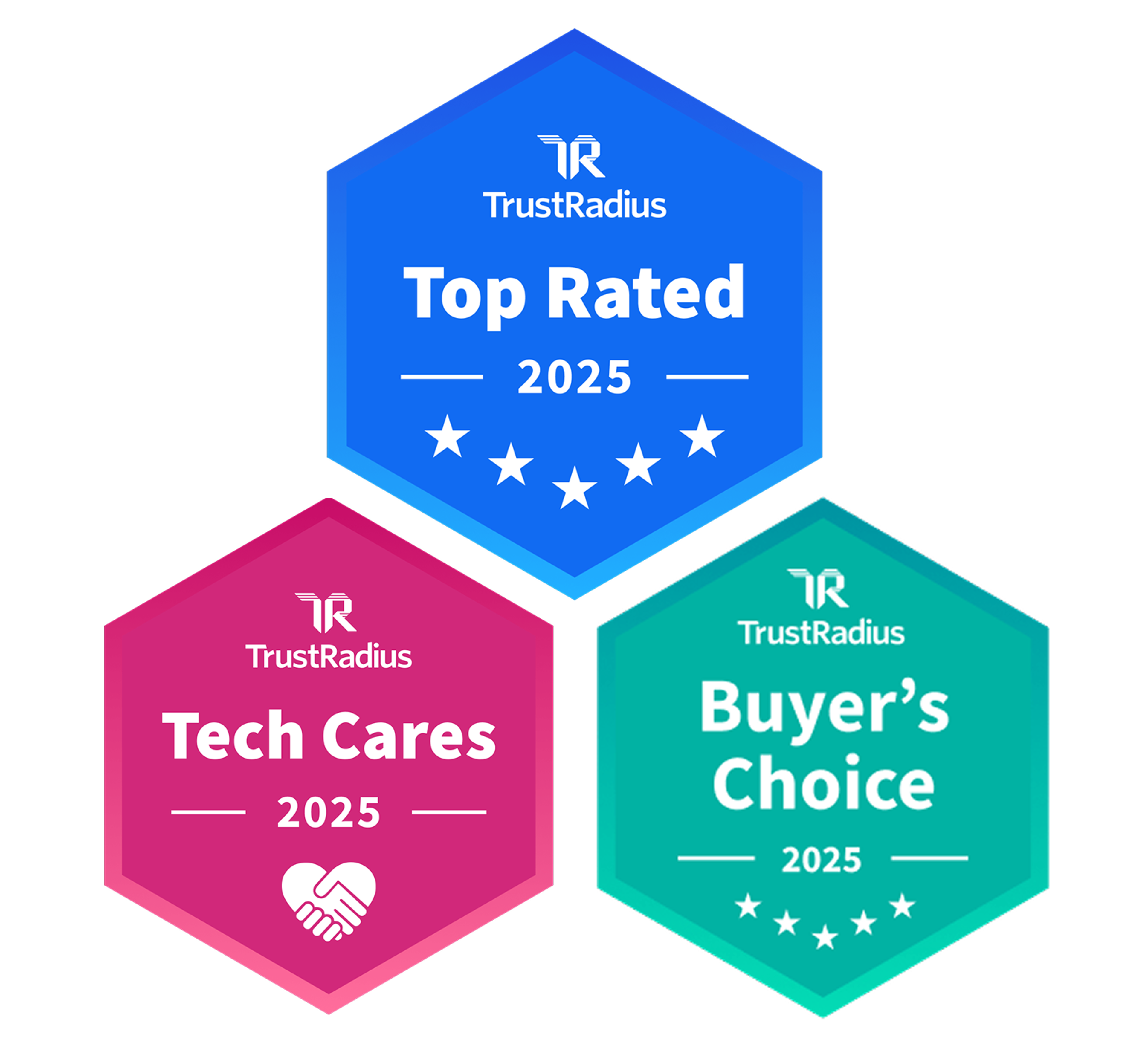Graphic showing three TrustRadius 2025 award badges labeled Top Rated, Tech Cares, and Buyer’s Choice.