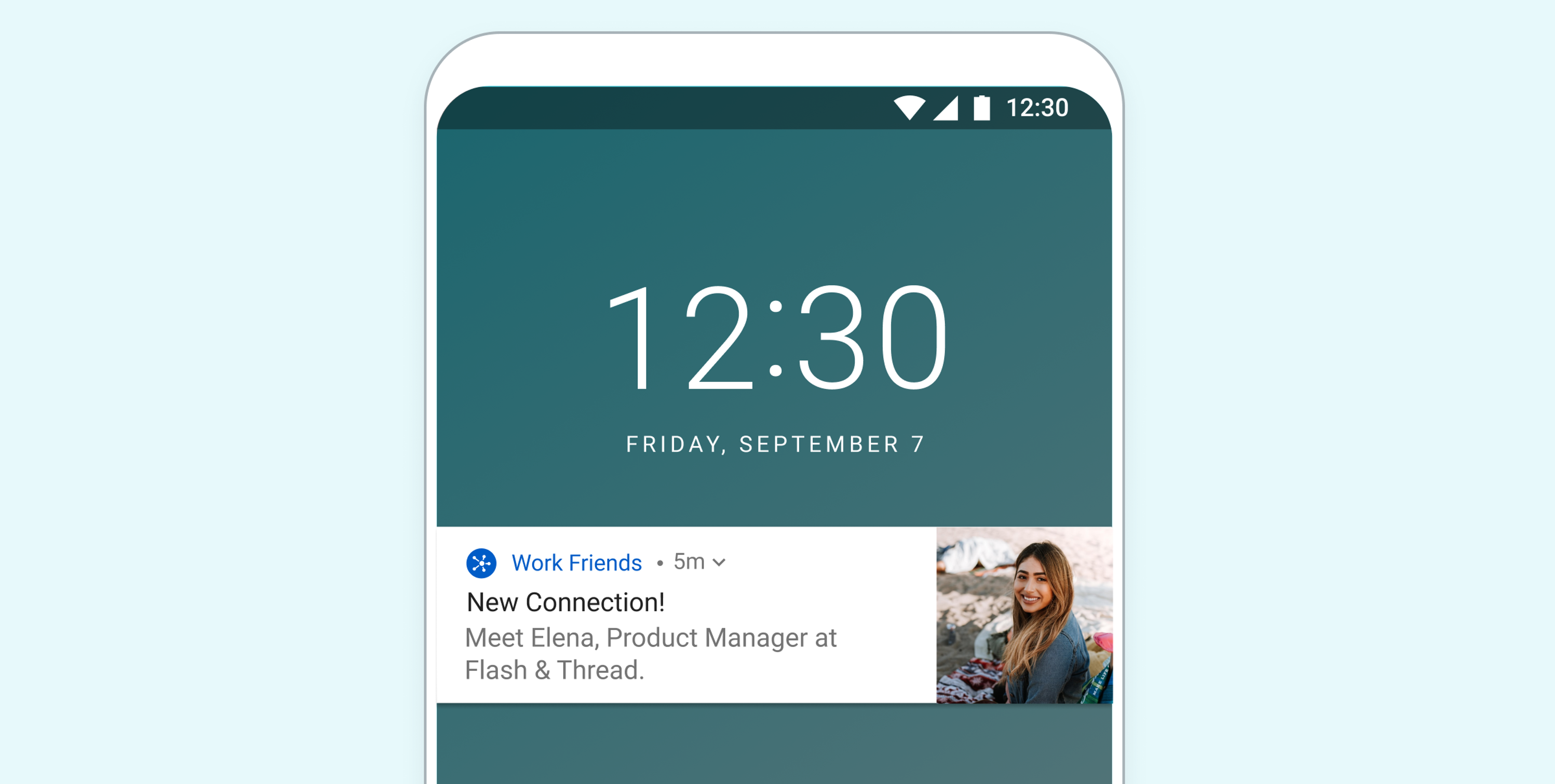 A smartphone screen displaying a notification about a new connection, featuring a photo of a woman and text introducing her as a Product Manager at Flash & Thread. The time is 12:30 on Friday, September 7.