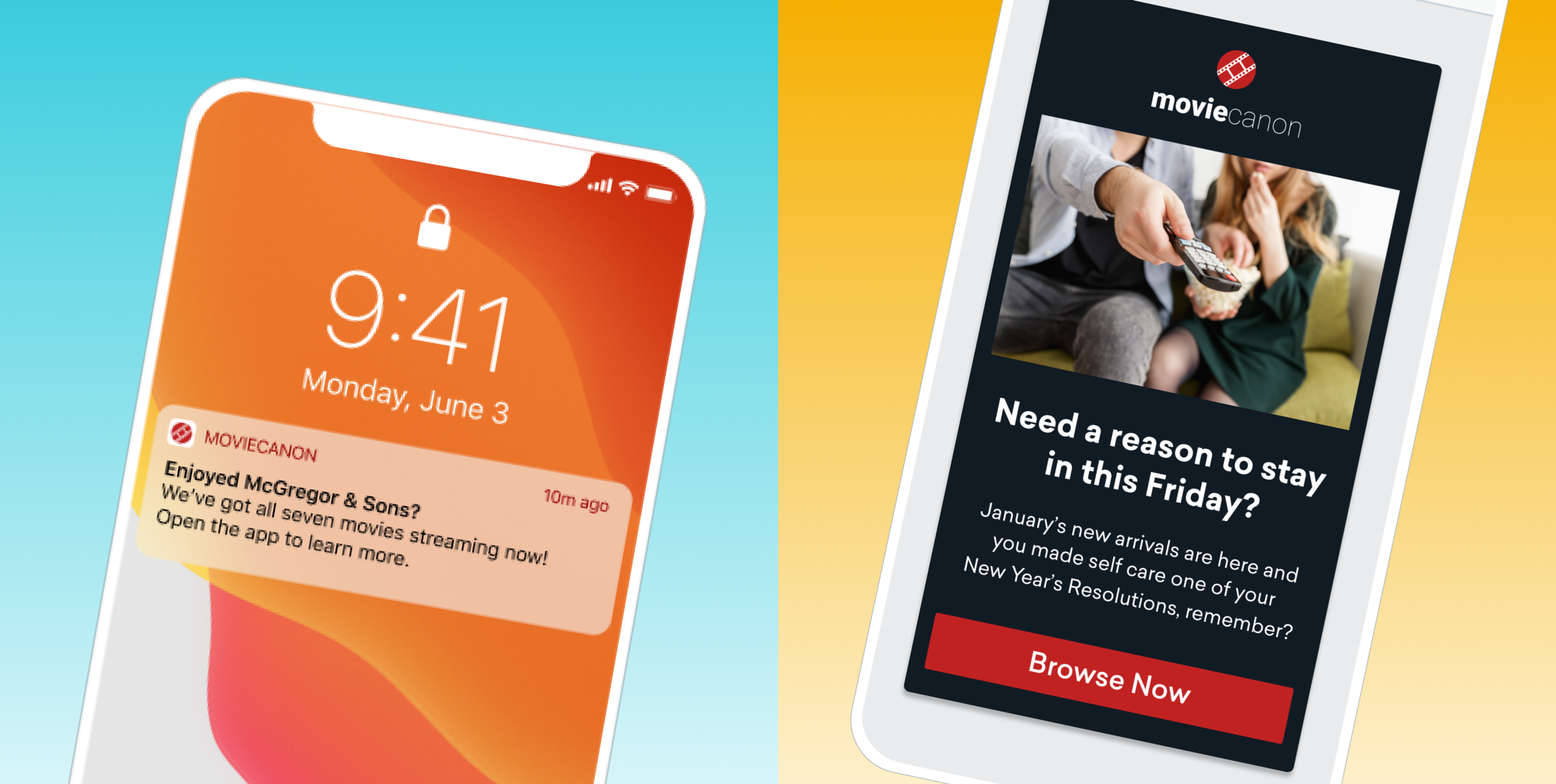 A smartphone screen displays a notification from MovieCanon about streaming "McGregor & Sons." Another screen promotes staying in on Friday with new arrivals for January.