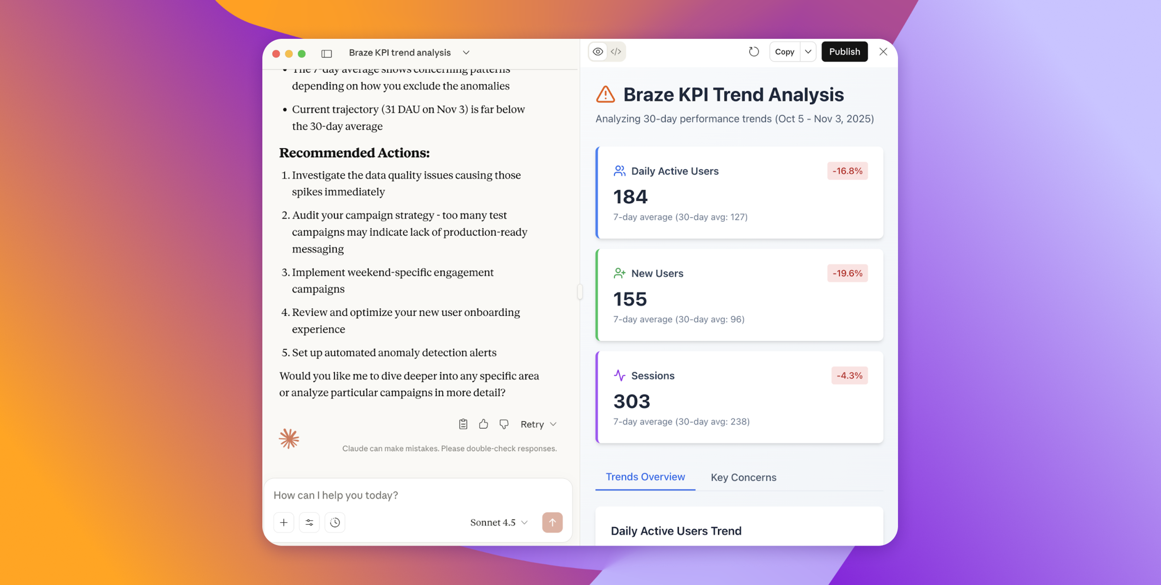 Una interfaz de IA muestra el análisis de tendencias de los KPI de Braze con métricas de usuario y acciones recomendadas, generadas por IA.