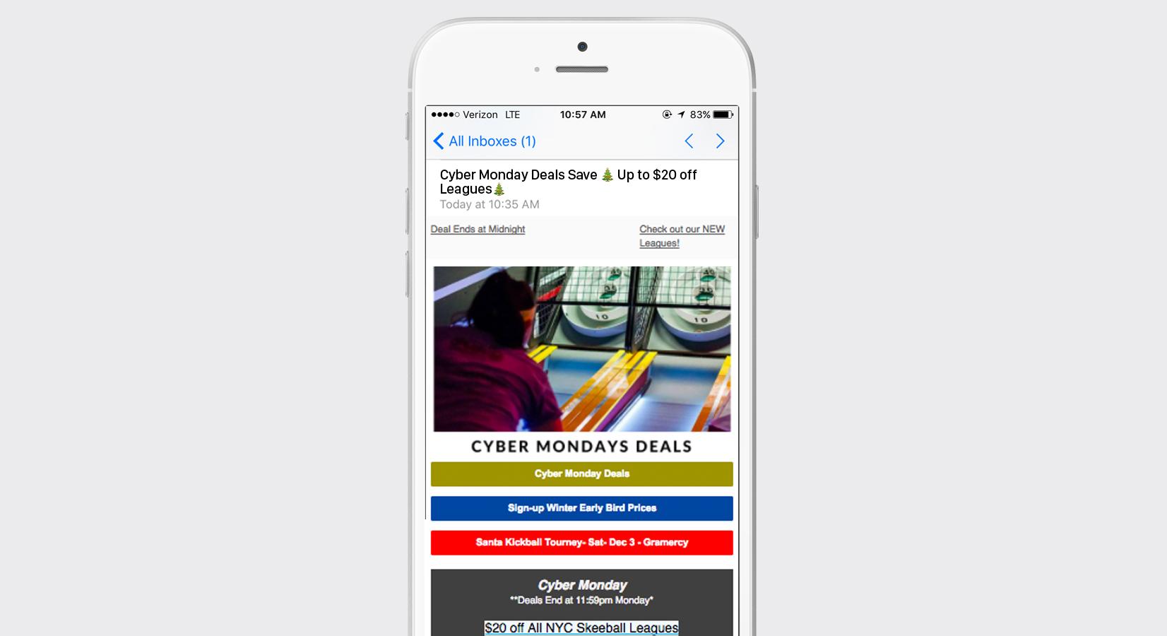 A smartphone displaying an email about Cyber Monday deals, featuring a colorful layout with promotional text and images related to discounts.