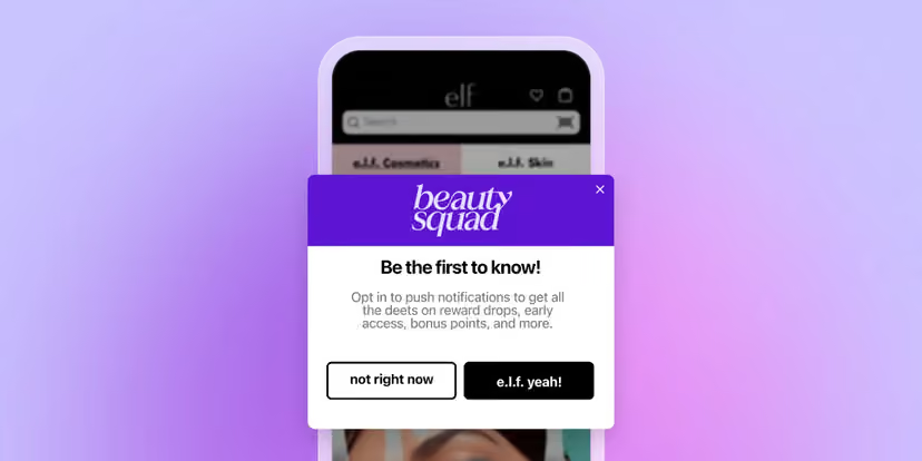 Fenêtre contextuelle « Beauty Squad » sur un écran de téléphone, invitant à activer les notifications pour recevoir des offres et des récompenses.