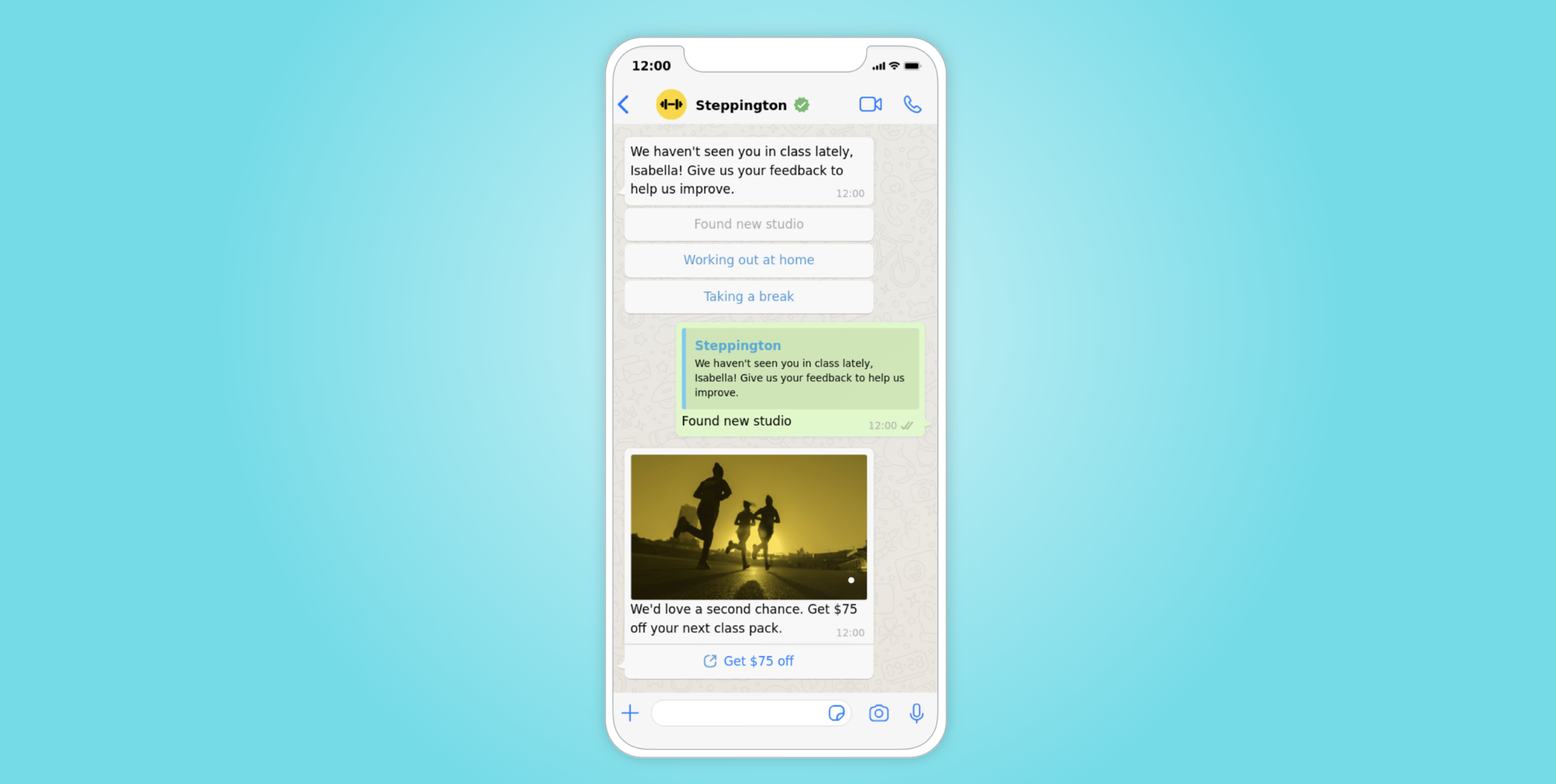 A smartphone displaying a WhatsApp conversation about a fitness class, including messages about feedback and a promotional offer for a new studio. The background is a light blue gradient.