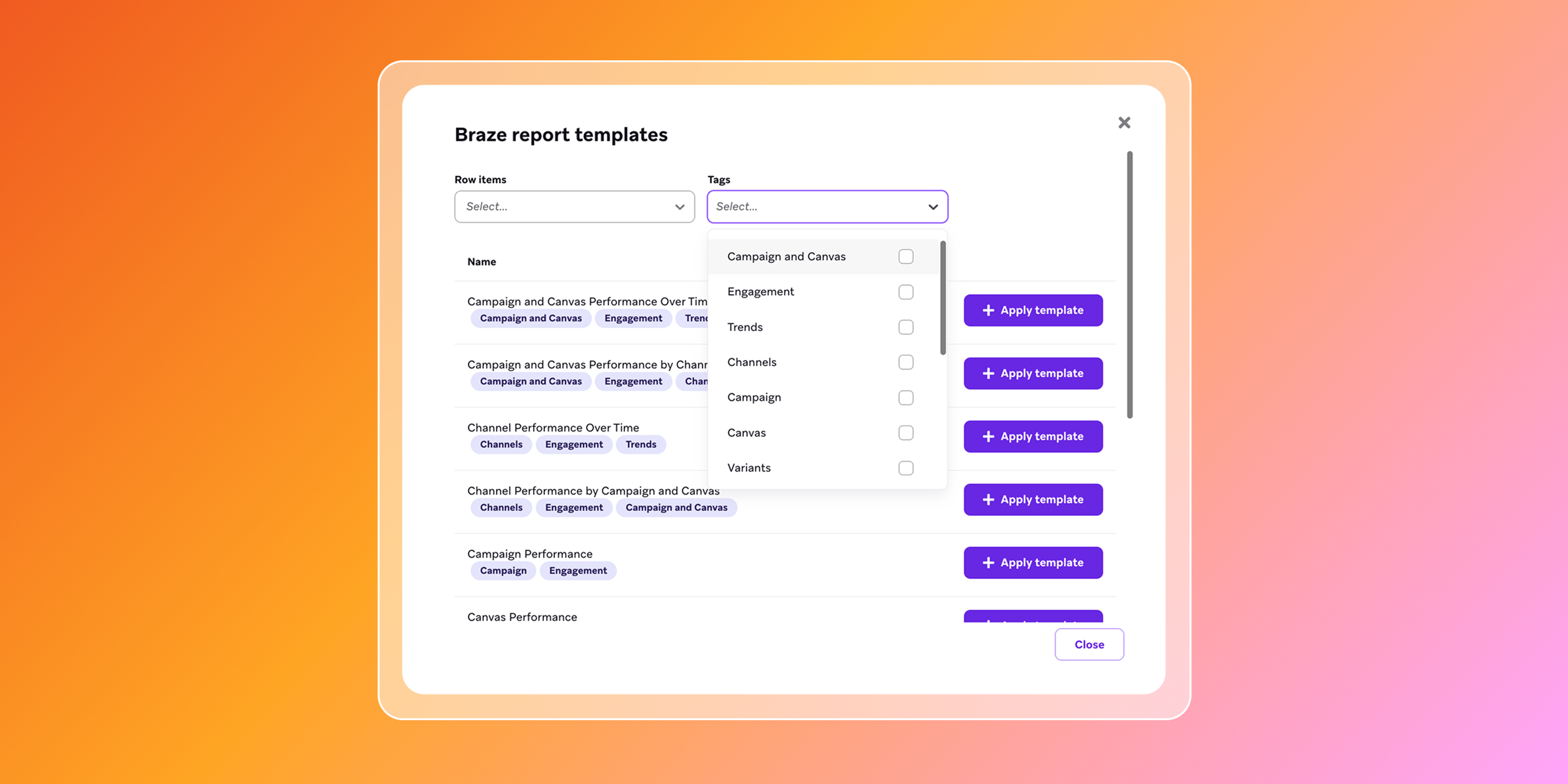 Braze report templates dialog showing a list of performance reports, tag filters, and purple Apply template buttons.