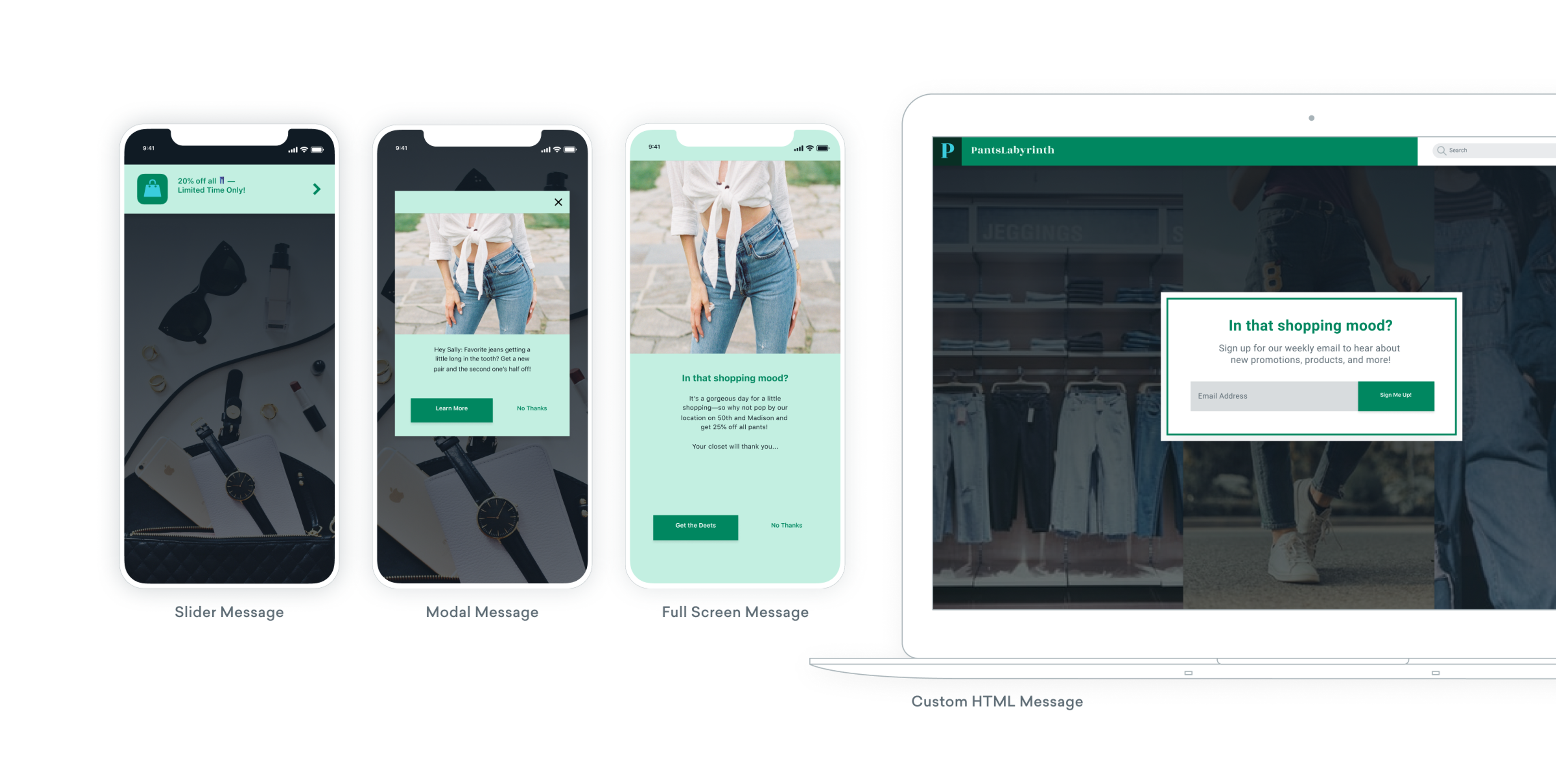 A series of device screens displaying different types of messages: a slider message on a smartphone, a modal message on another smartphone, a full-screen message on a third smartphone, and a custom HTML message on a laptop. Each message promotes shopping engagement.
