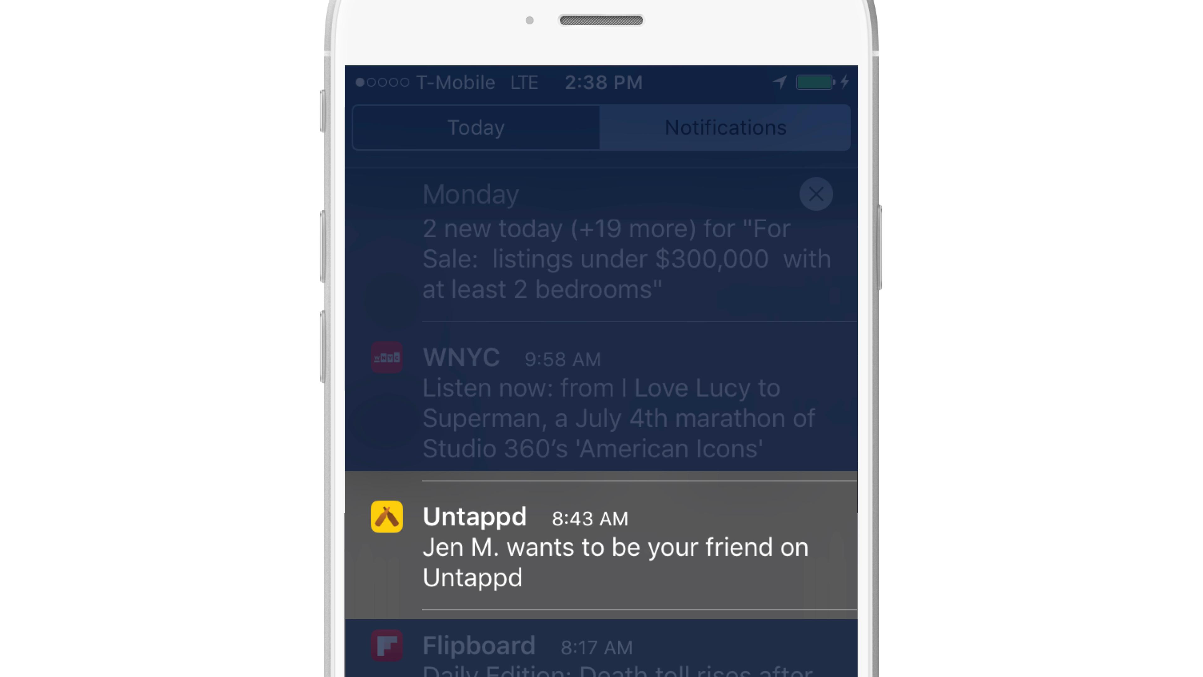 A smartphone screen displaying a notification from the Untappd app, indicating that Jen M. wants to be friends on the platform. The time is 8:43 AM.