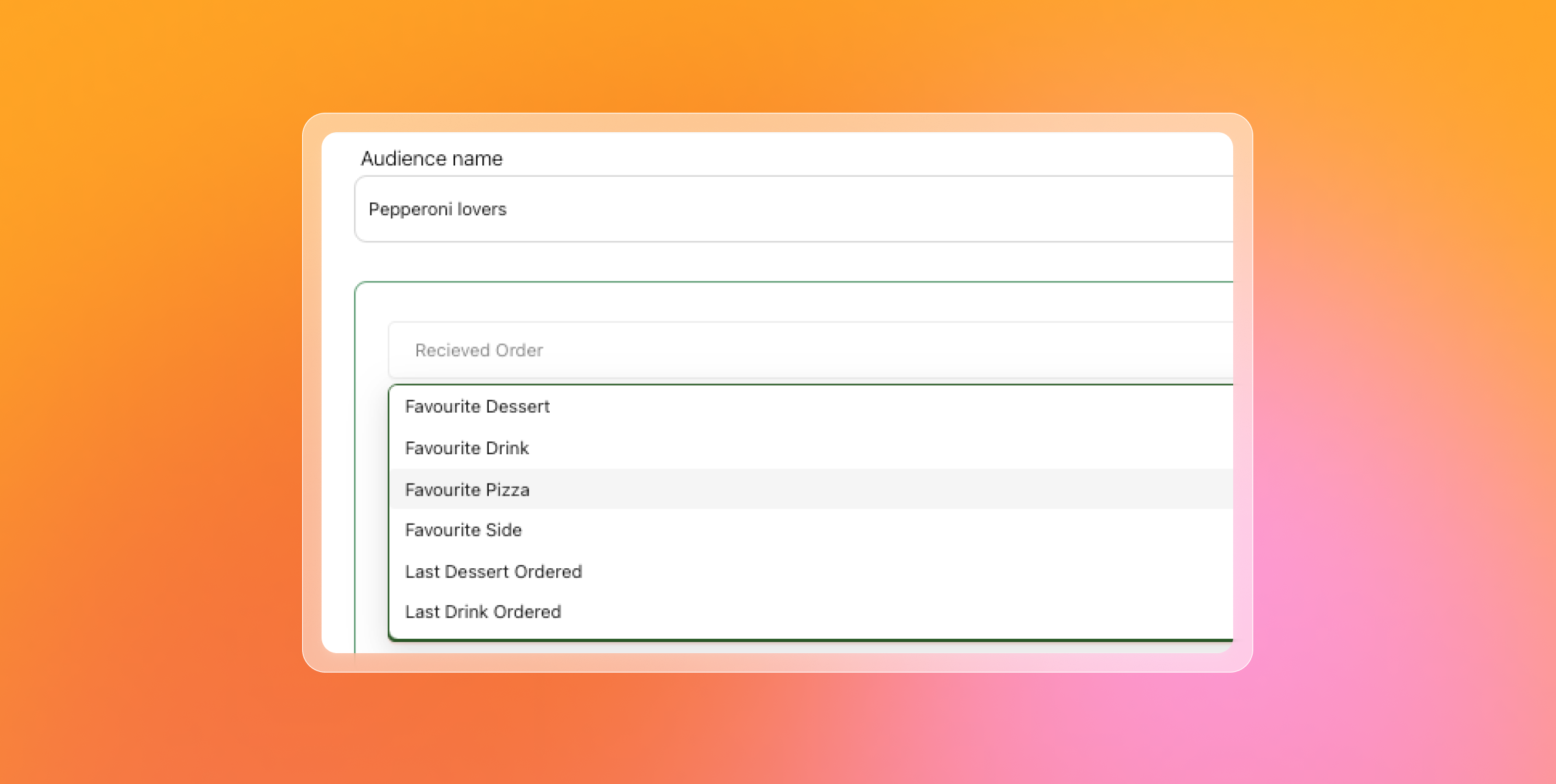 User interface displaying an 'Audience name' of 'Pepperoni lovers' and a list of food preference fields including 'Favourite Pizza'.