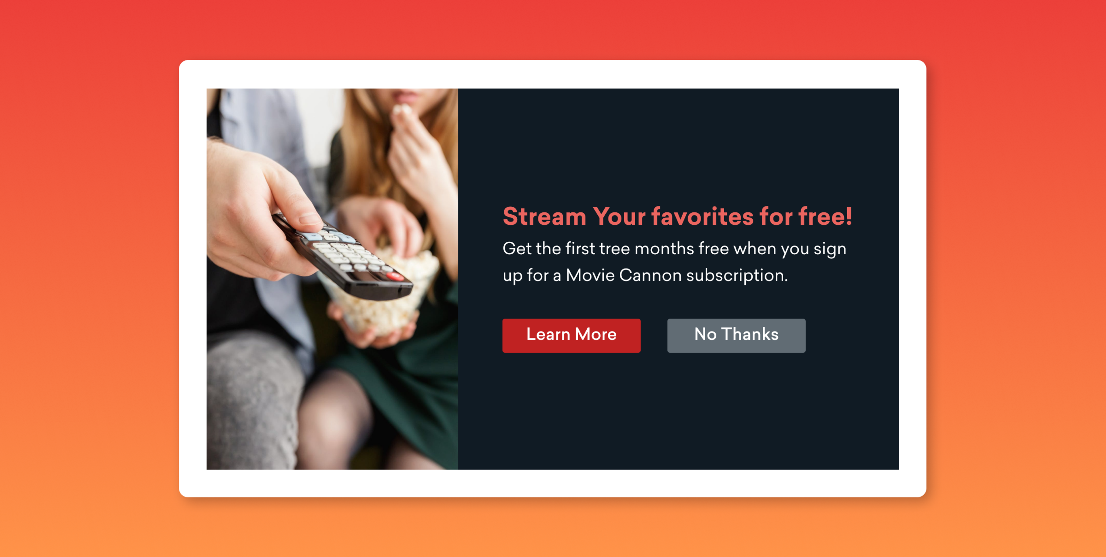 A person holds a remote control while two others sit nearby with popcorn. The image promotes a free trial for a Movie Cannon subscription.