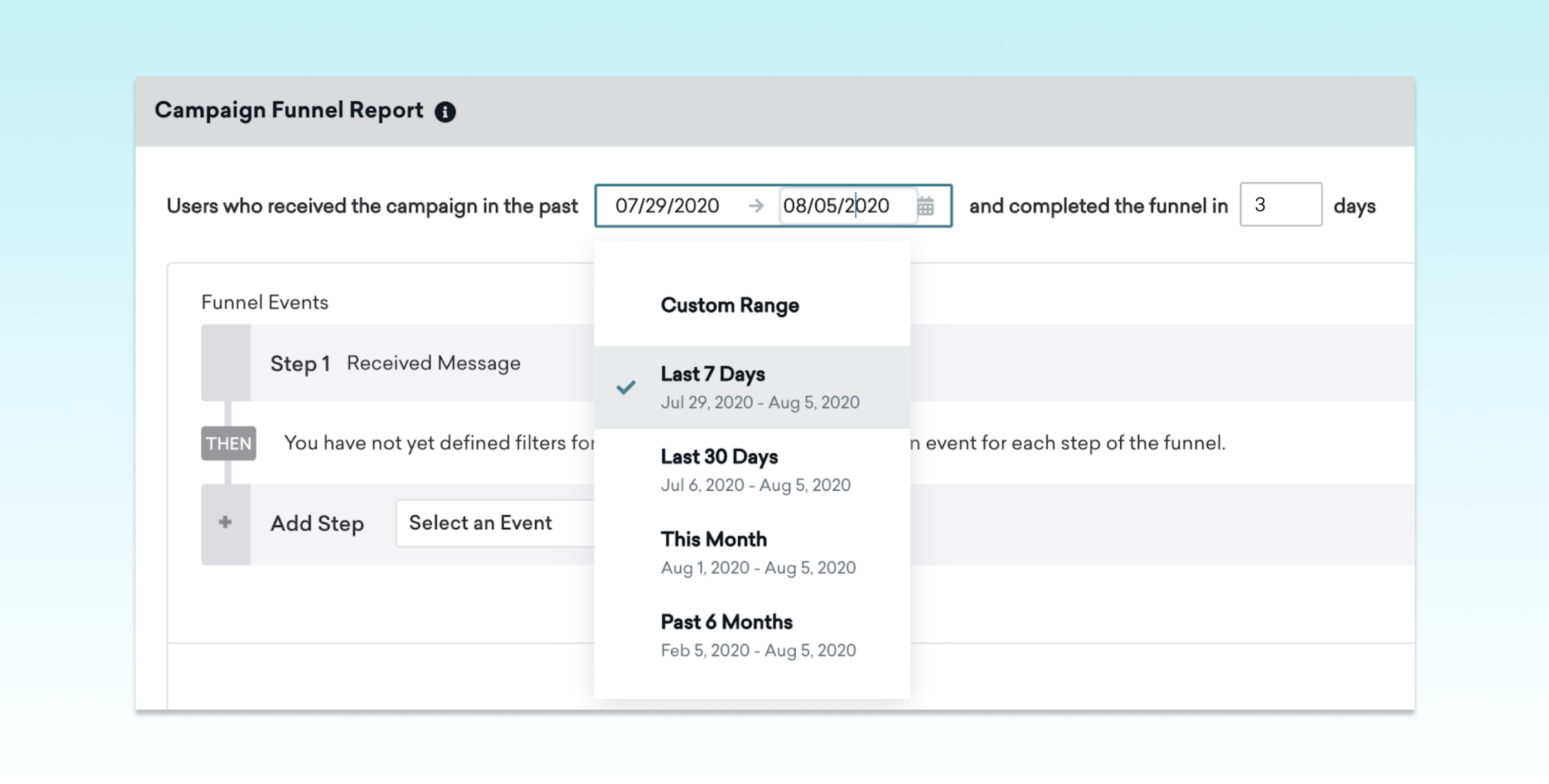 A digital interface displaying a Campaign Funnel Report with options for selecting date ranges and viewing user events. The report includes steps like "Received Message" and allows for custom date selection.