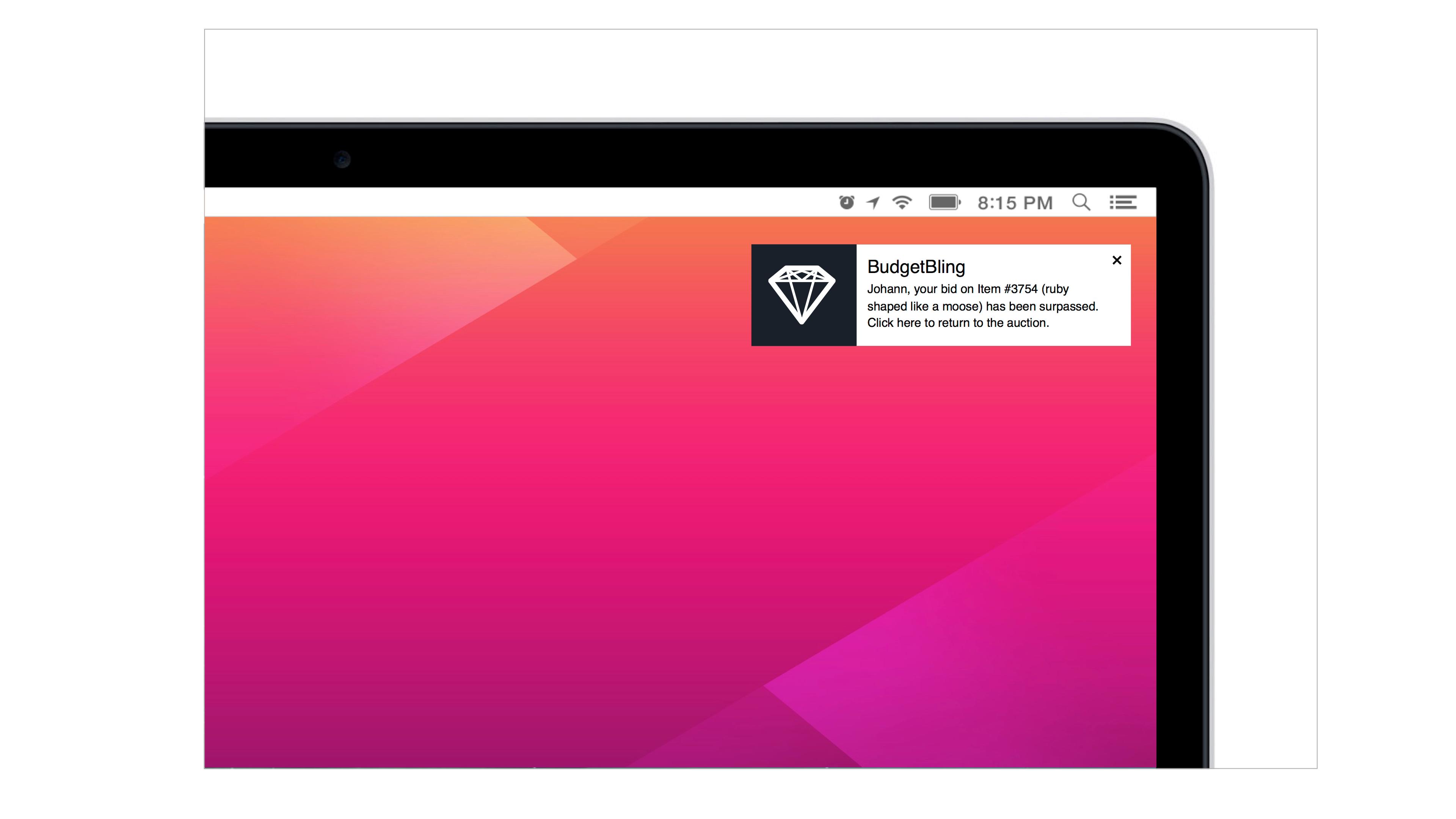 A laptop screen displays a notification from BudgetBling about an auction item. The background features a gradient of pink hues.