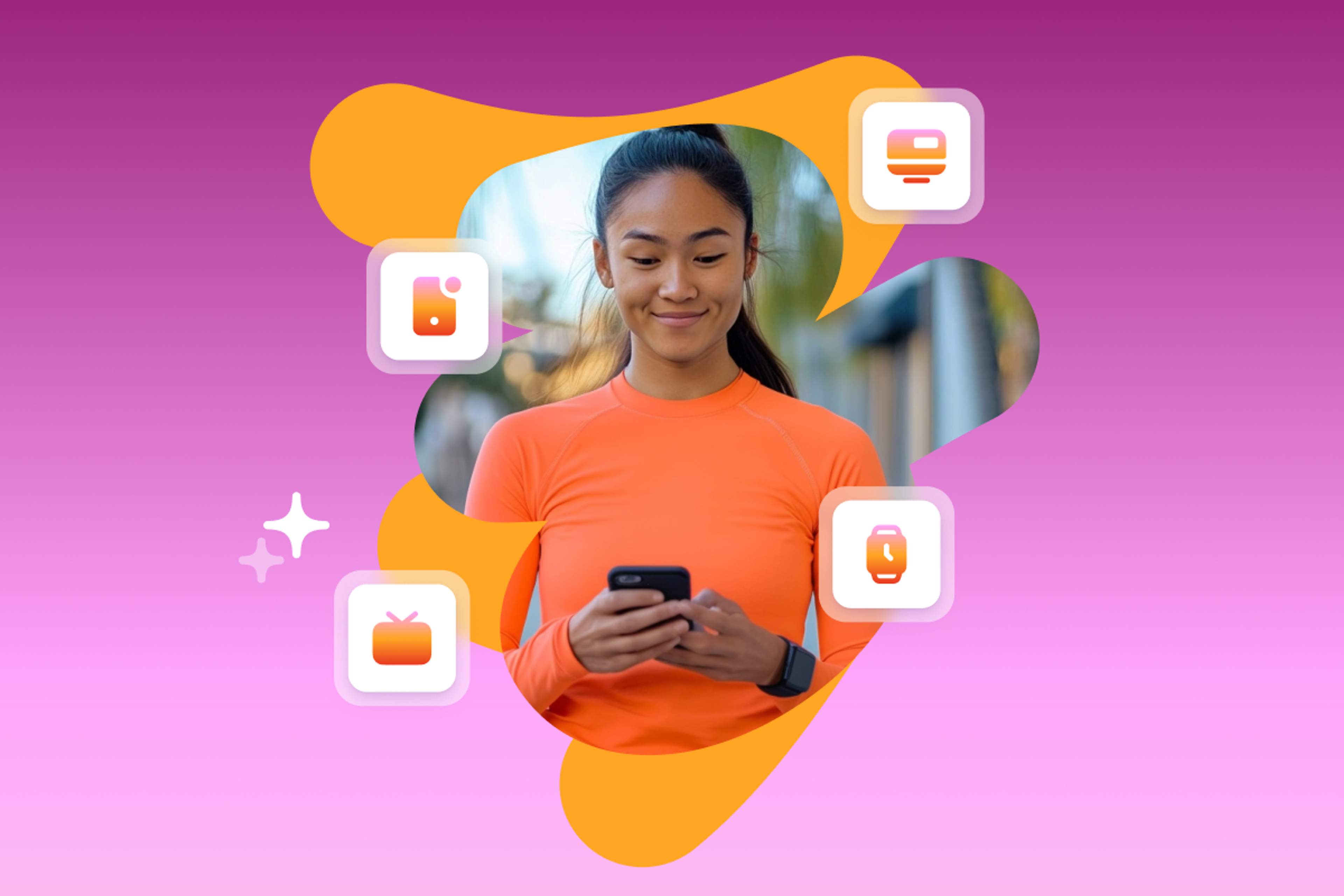 a woman in an orange shirt is looking at her phone