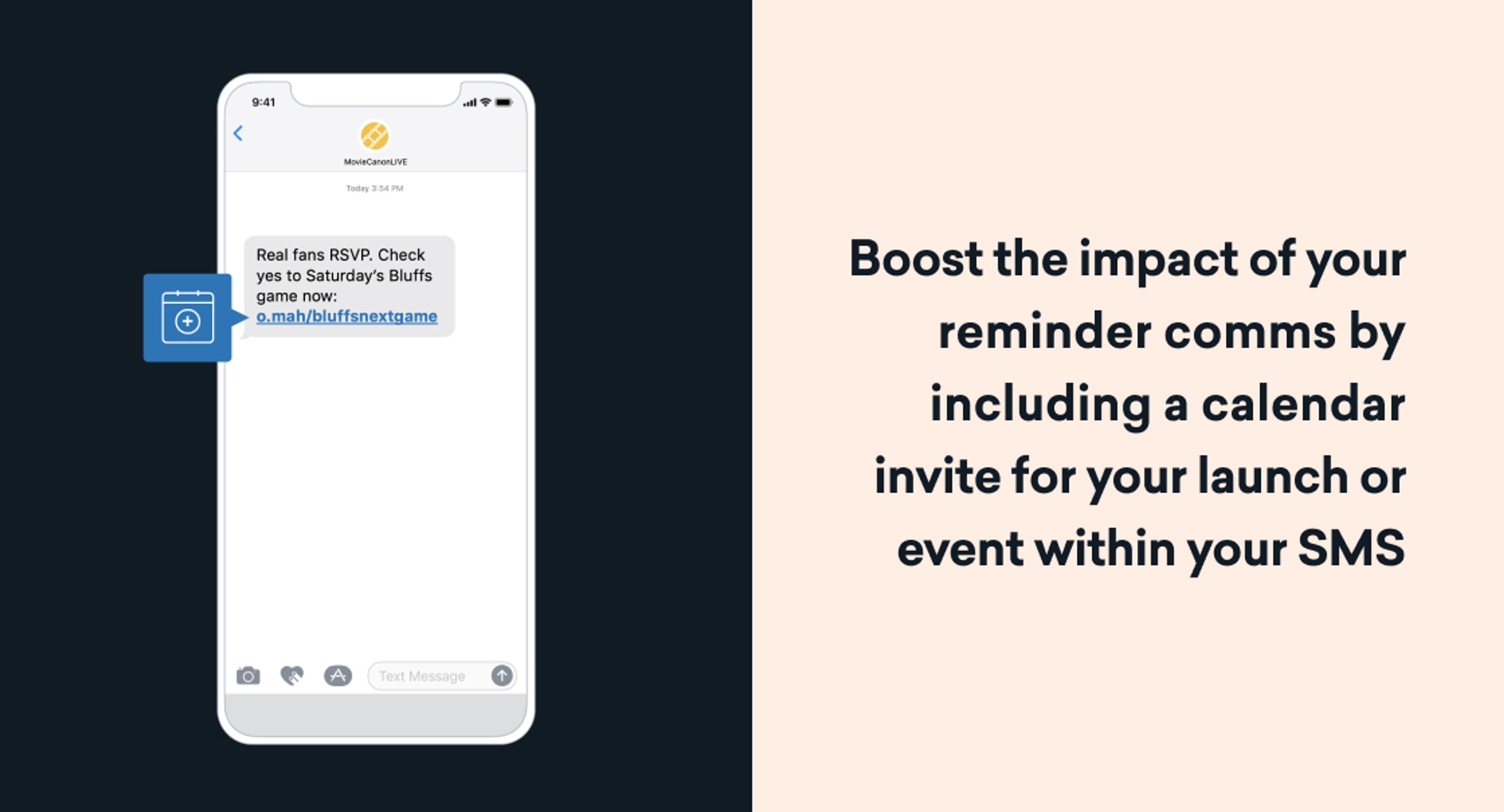 Graphic showing a smartphone text message with an event RSVP link, alongside text encouraging marketers to include calendar invites in SMS reminders to boost impact.